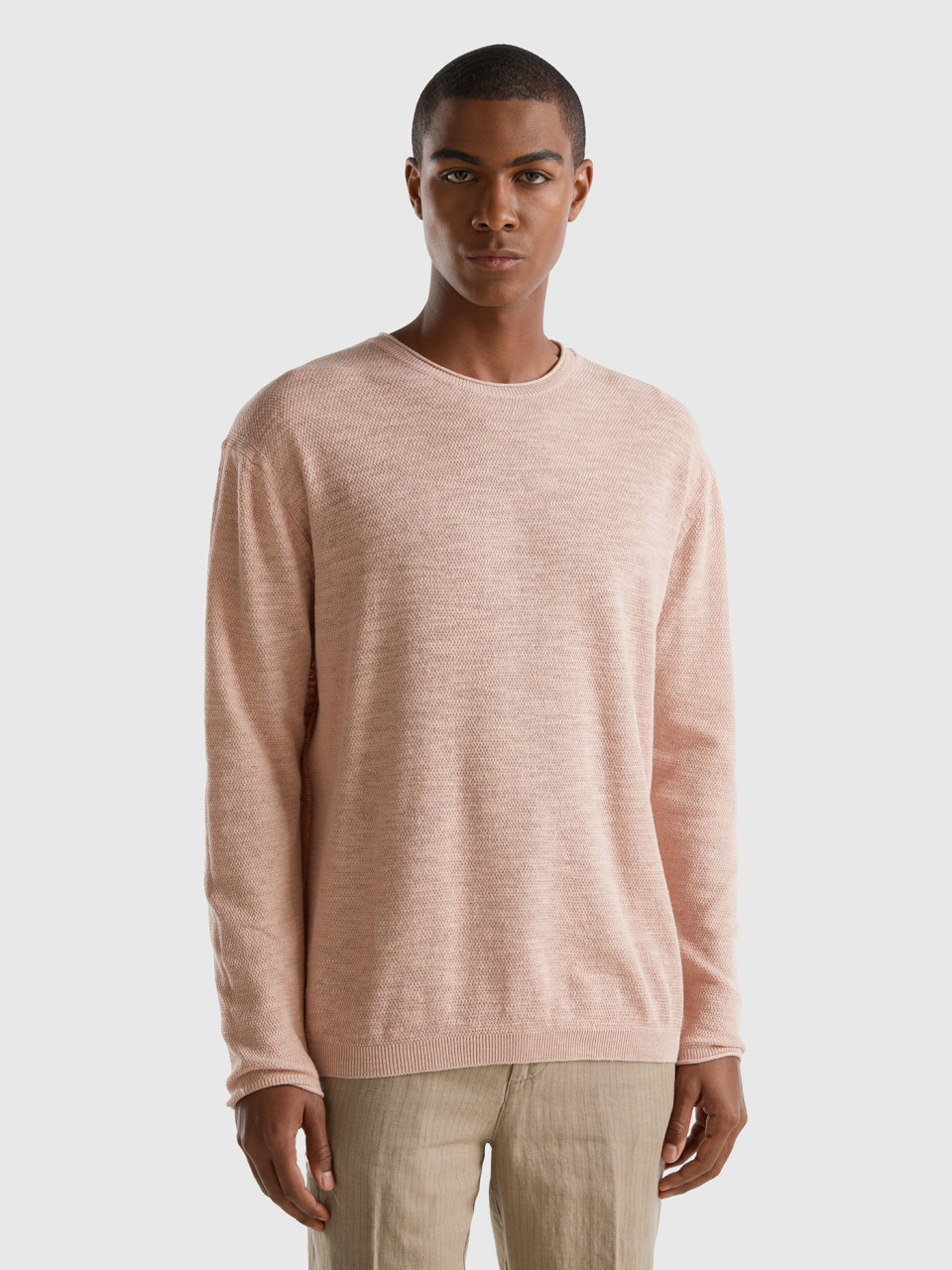 Benetton, Regular Fit Sweater In Linen Blend, Soft Pink, Men