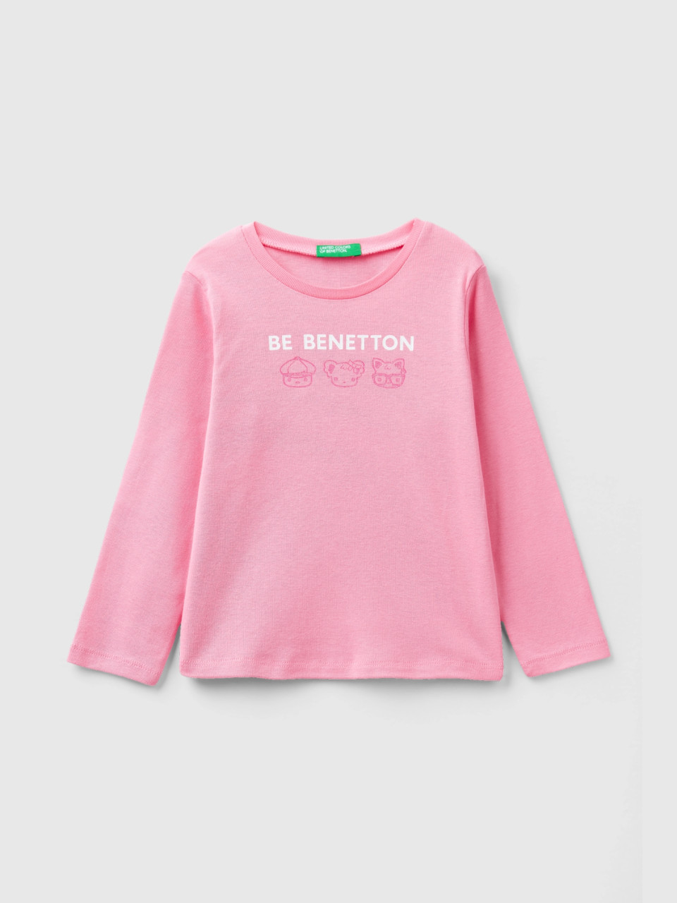 Benetton, T-shirt Manica Lunga Con Stampa Glitter, Rosa, Bambini