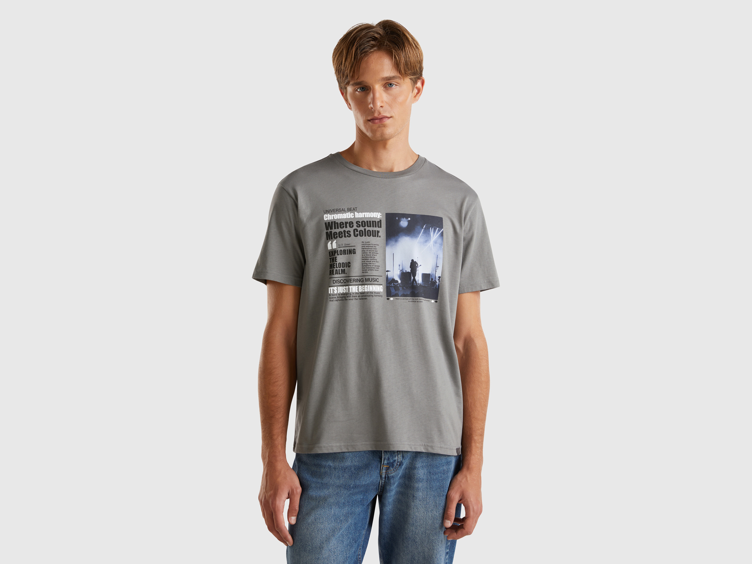 Benetton, T-shirt Con Stampa Fotografica, Grigio Scuro, Uomo
