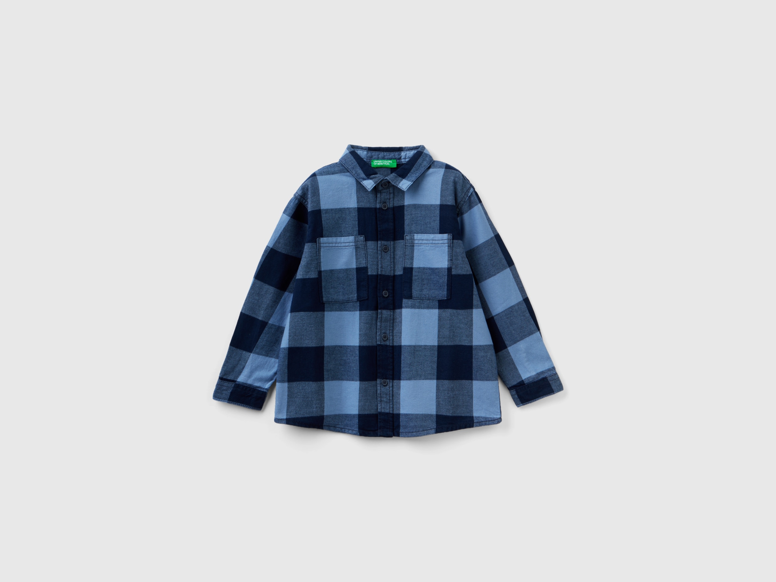Benetton, Plaid Shirt In 100% Cotton, size 12-18, Blue, Kids