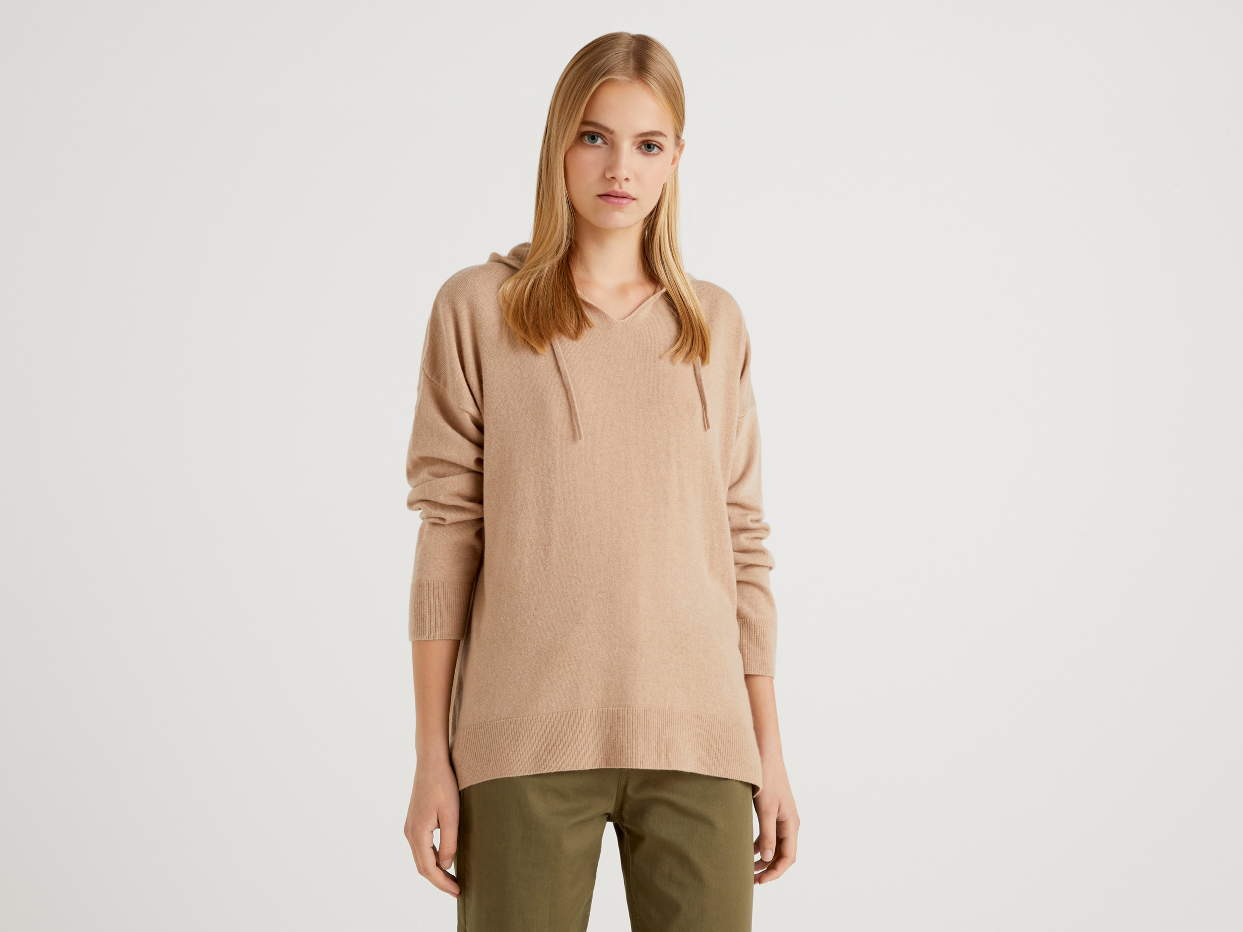 Benetton, Maglia Cammello Misto Cashmere Con Cappuccio, Cammello, Donna Benetton, Maglia Cammello Misto Cashmere Con Cappuccio, Cammello, Donna