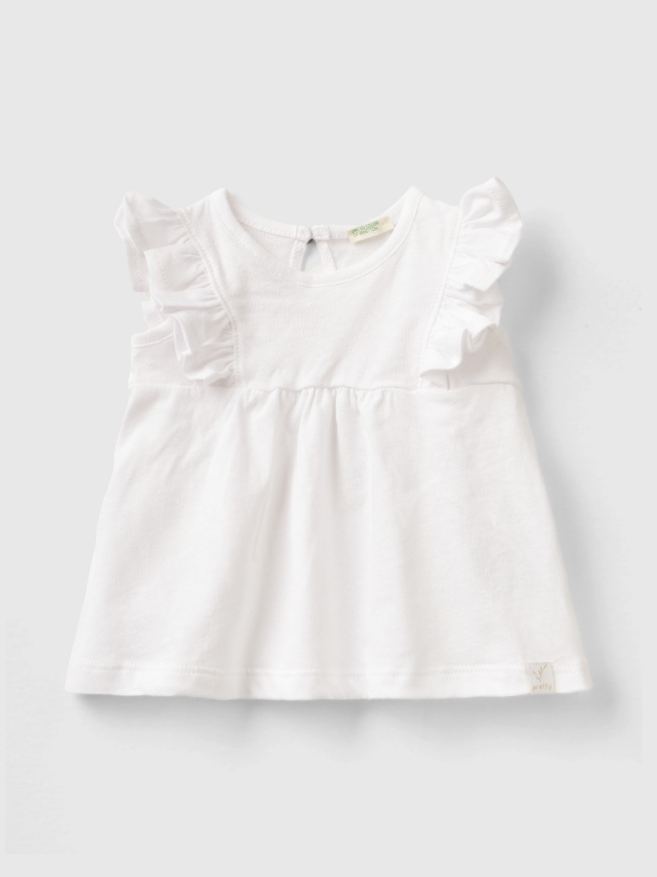 Benetton, T-shirt In Linen Blend With Ruffles, White, Kids