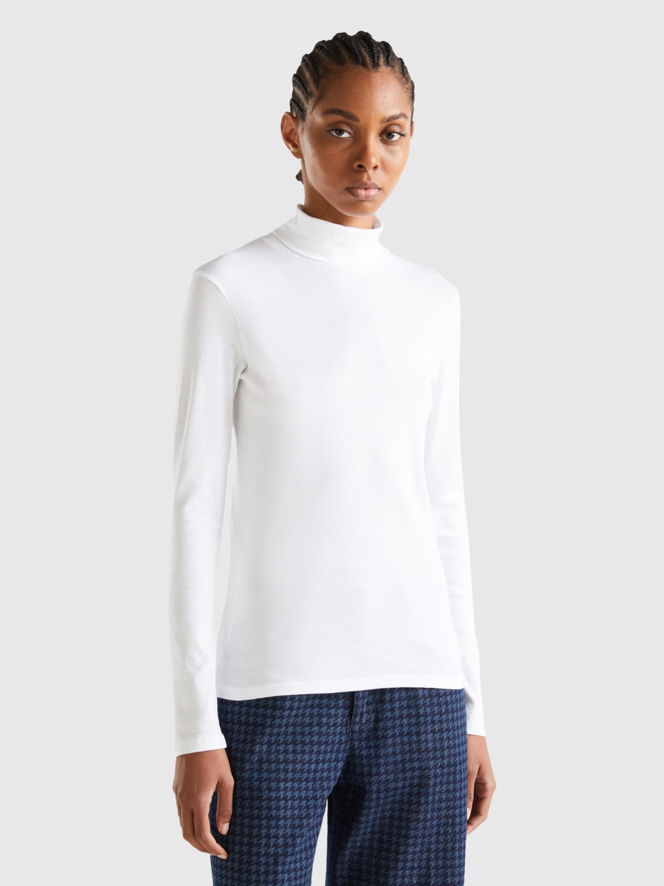 Benetton, Long Sleeve T-shirt With High Neck, White, Women