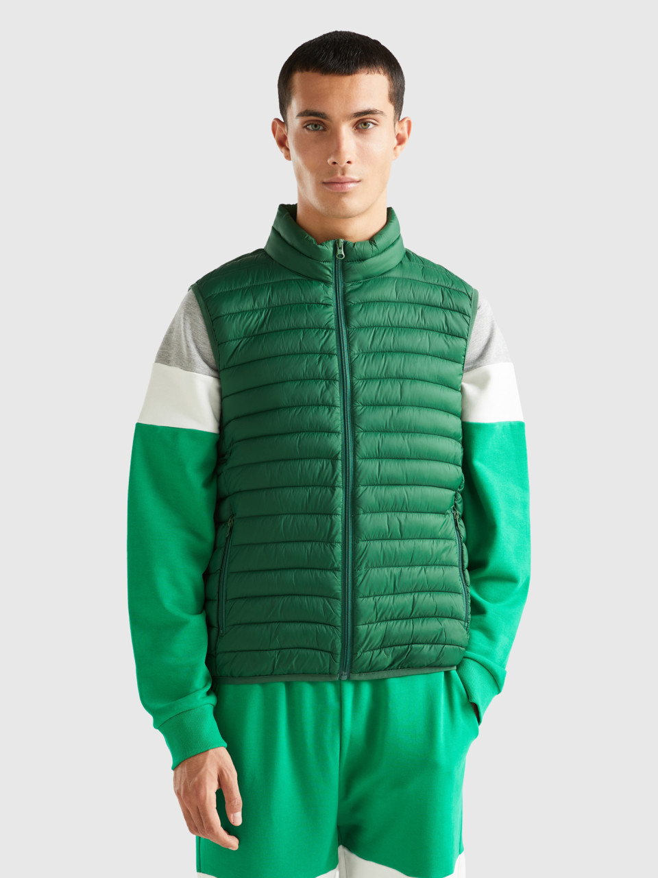 Benetton, Sleeveless Puffer Jacket With Recycled Wadding, Dark Green, Men