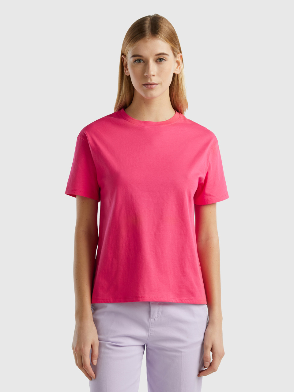 Benetton, Short Sleeve 100% Cotton T-shirt, Fuchsia, Women