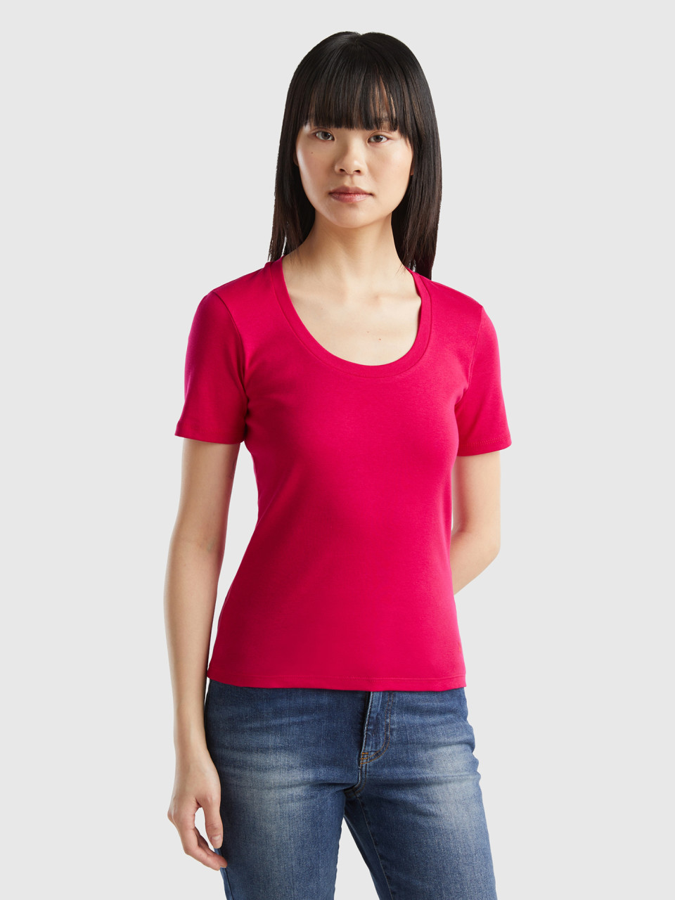 Benetton, Kurzärmeliges T-shirt Aus Langfaser-baumwolle, Zyklame, female