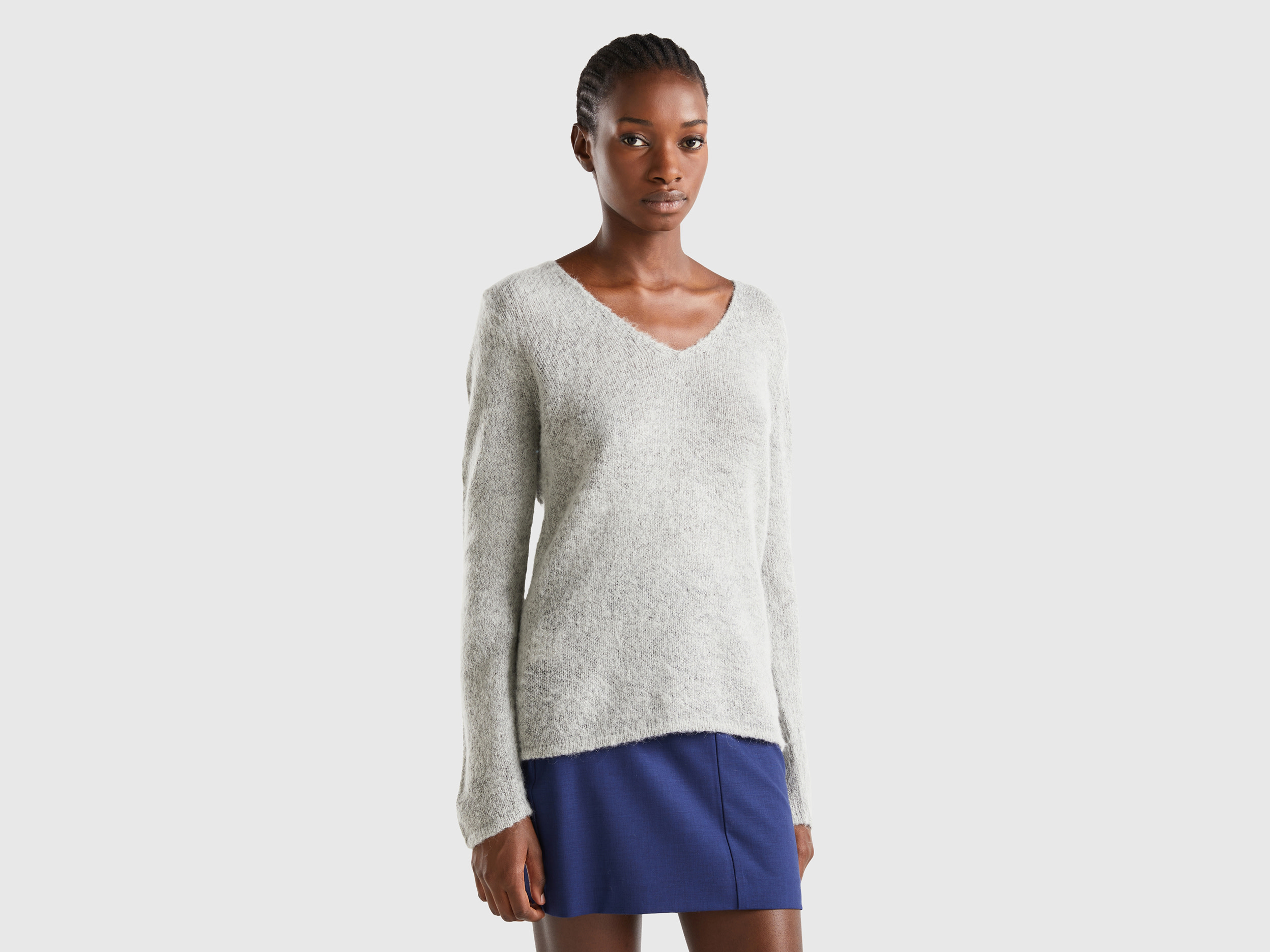 Benetton, Regular Fit Mohair Blend Sweater, size L, Light Gray, Women