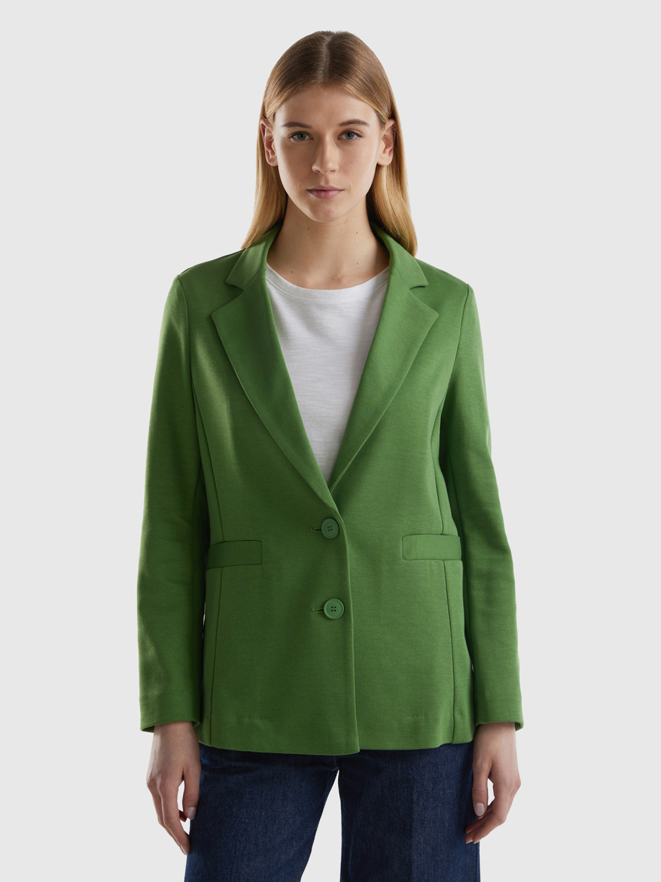 Benetton, Fitted Blazer In Cotton Blend, Military Green, Women