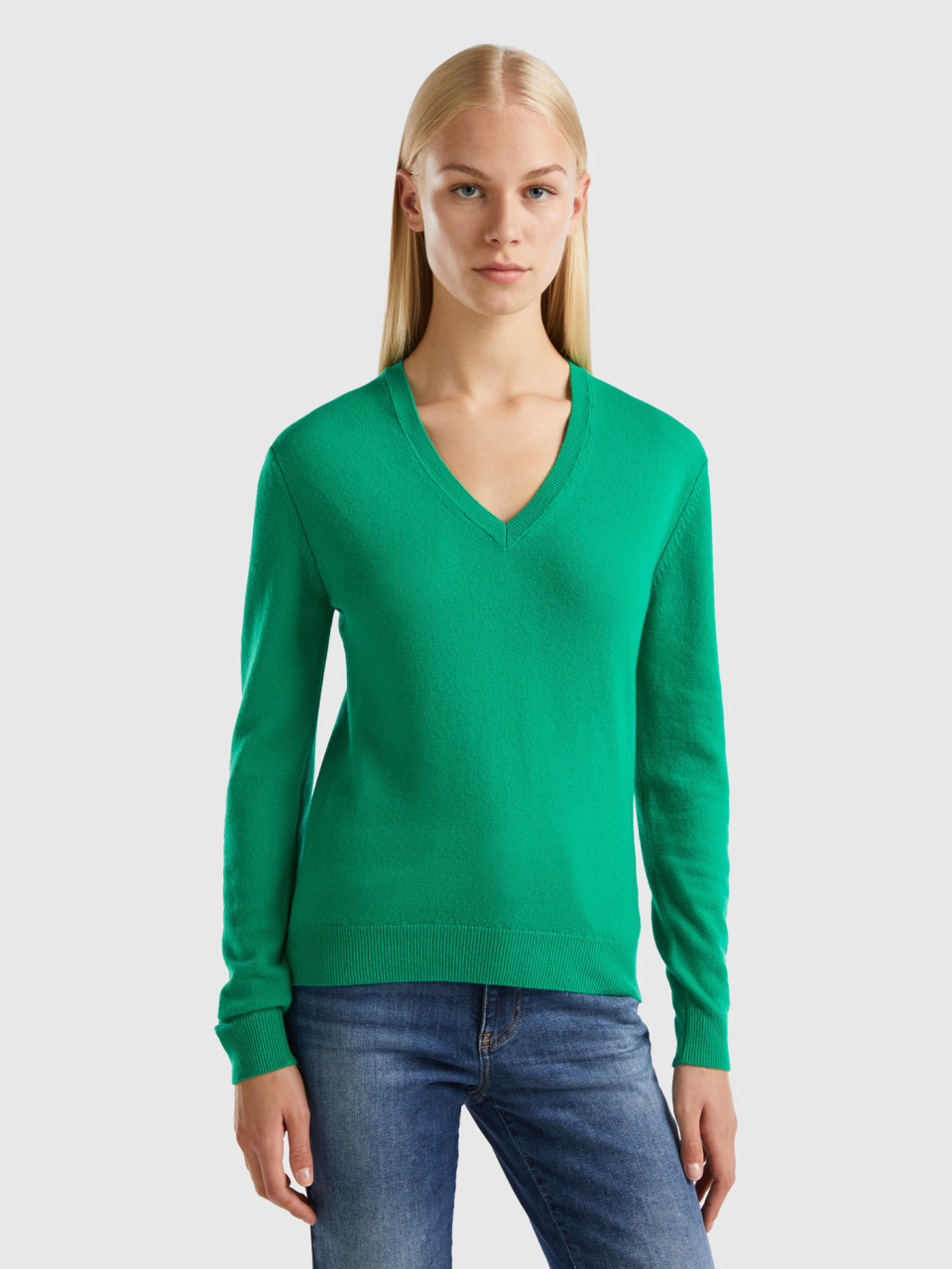 Benetton, Green V-neck Sweater In Pure Merino Wool, Green, Women