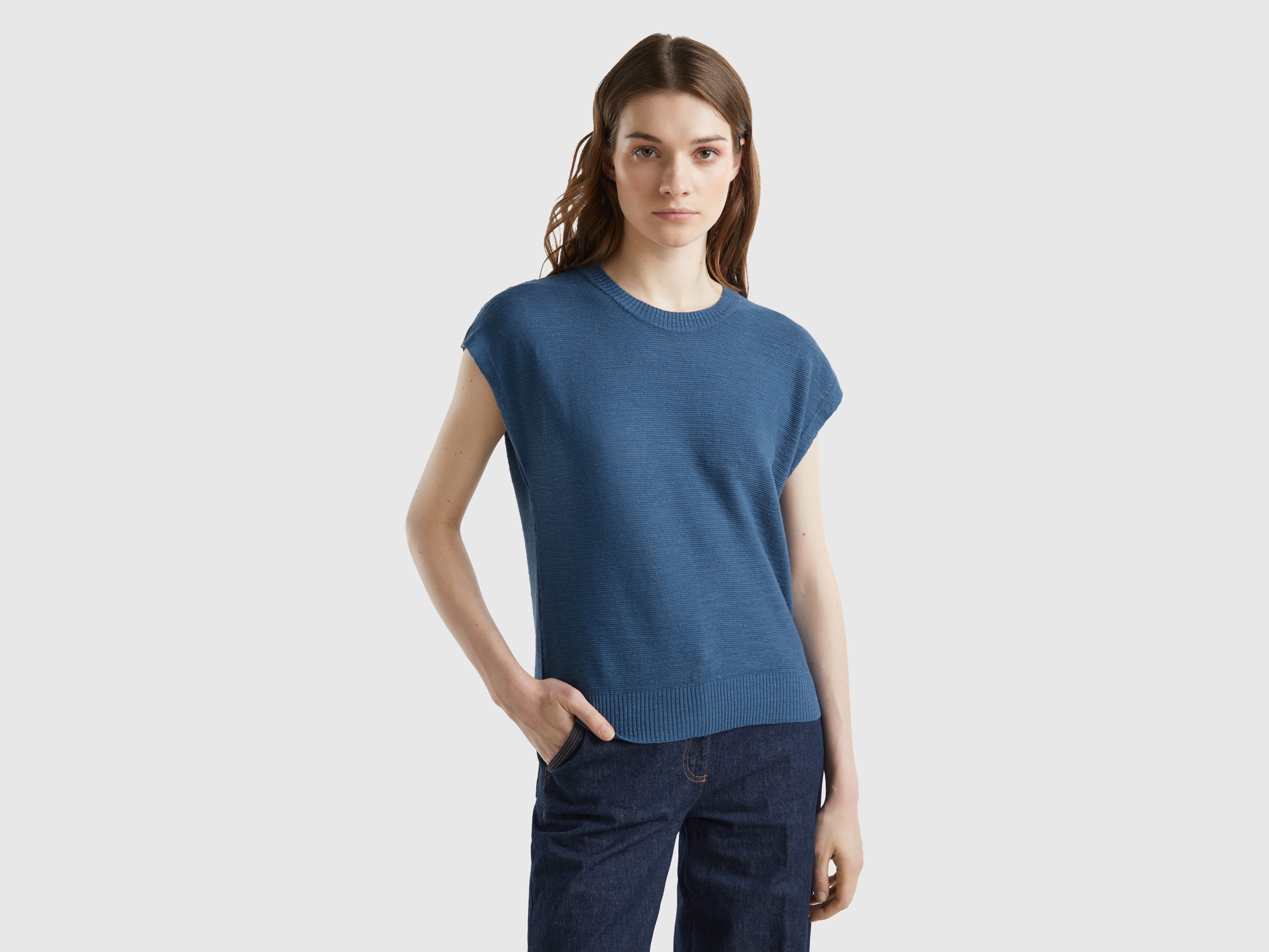 Benetton, Gilet In Misto Cotone E Lino, Avio, Donna