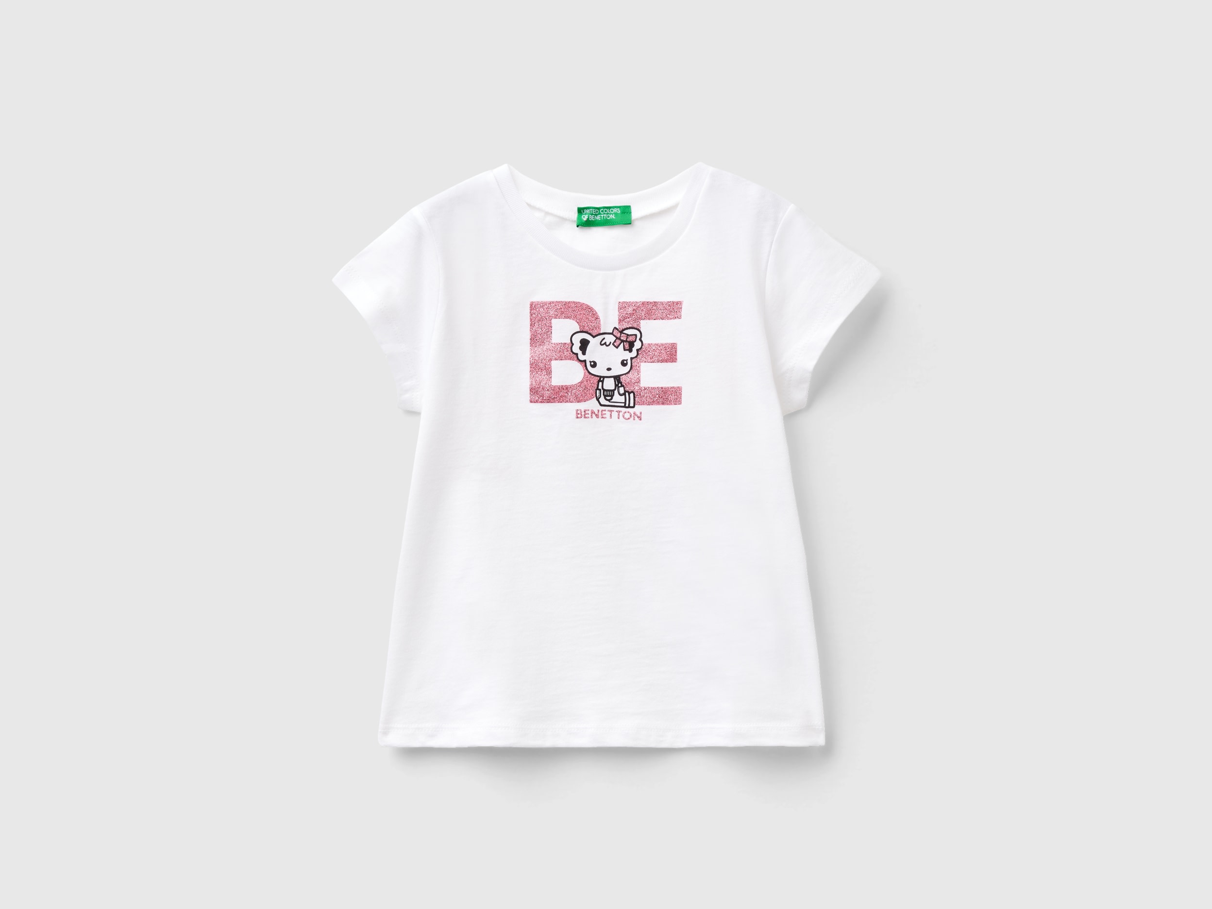 Benetton, T-shirt In Cotone Bio Con Stampa, Bianco, Bambini