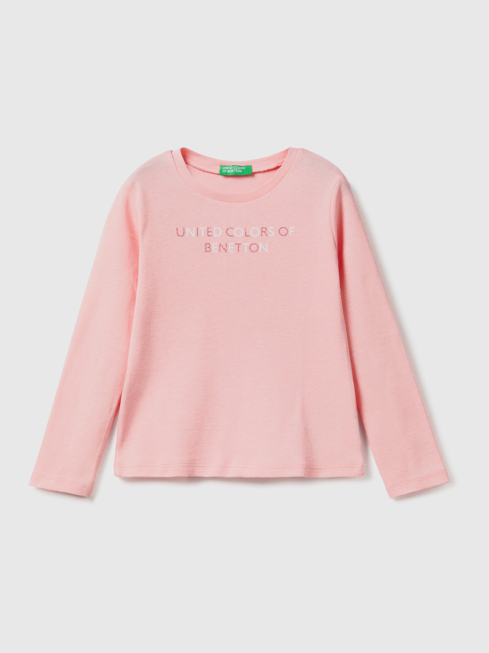 Benetton, Long Sleeve T-shirt With Glitter Print, Pink, Kids