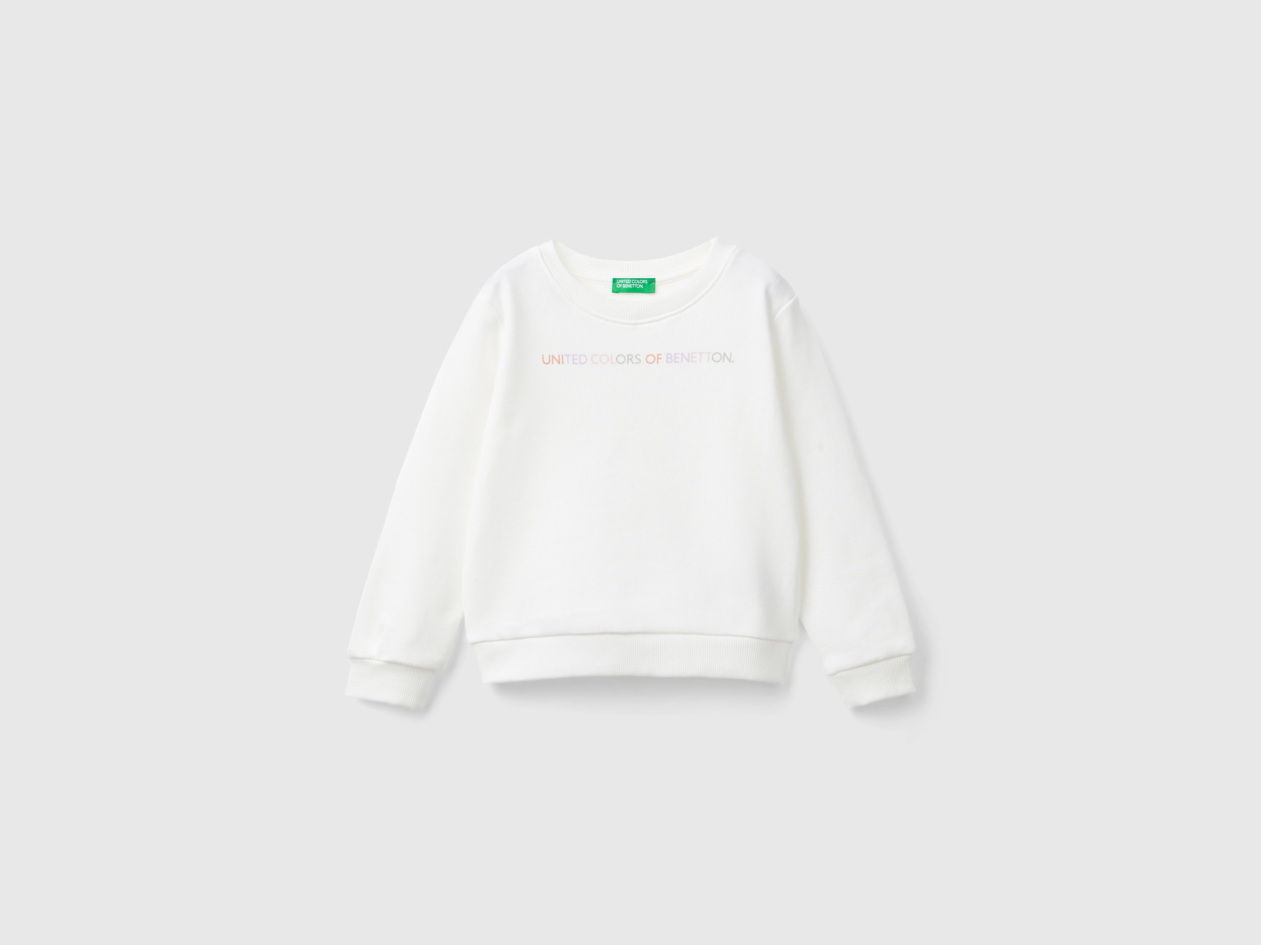 Benetton, Felpa 100% Cotone Bio Con Logo, Bianco Panna, Bambini