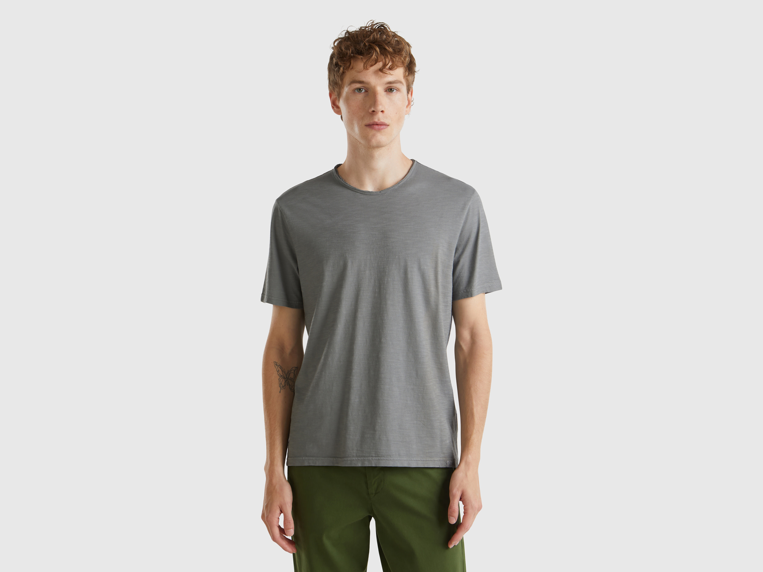 Benetton, T-shirt Grigio Topo In Cotone Fiammato, Grigio Scuro, Uomo