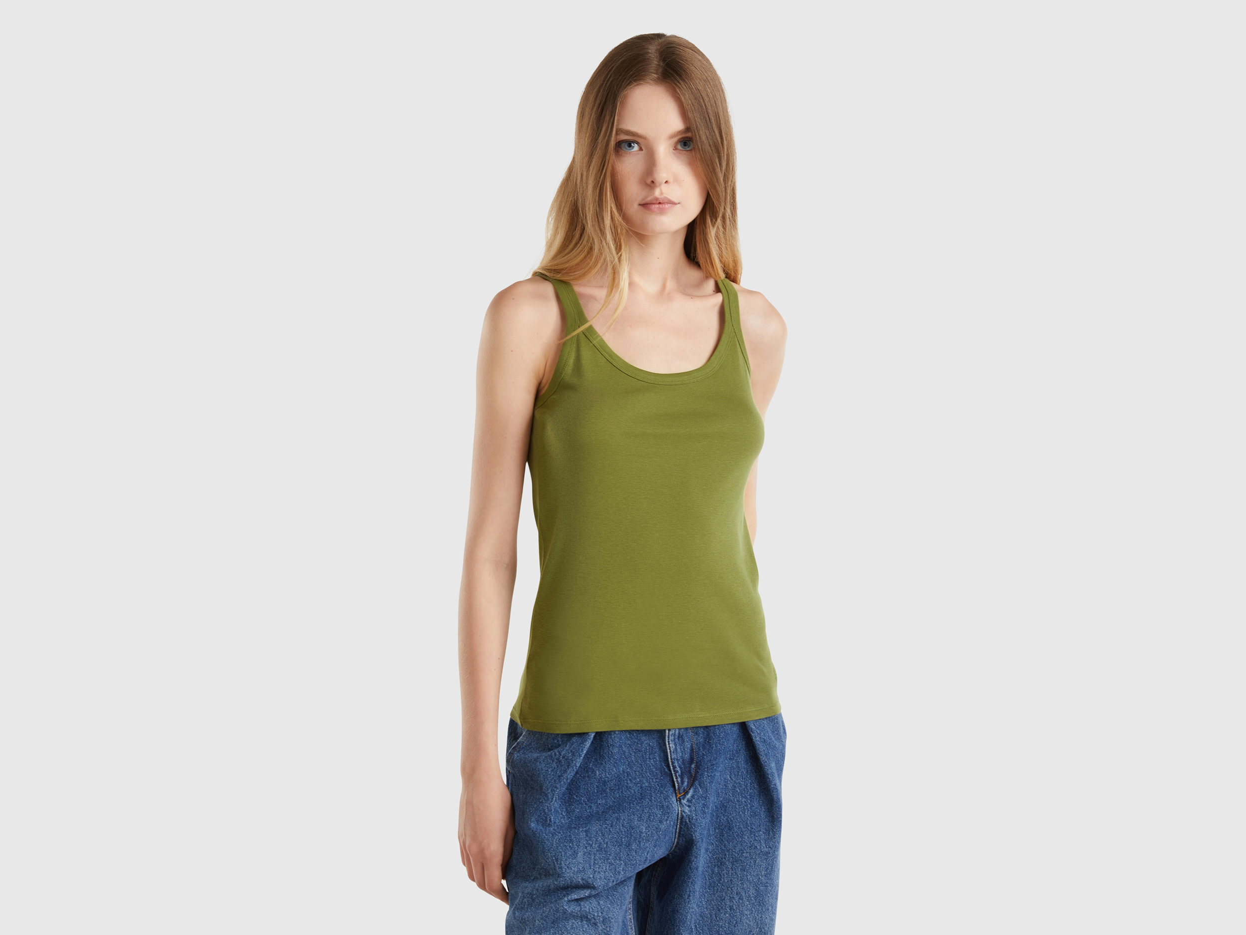 Benetton, Canotta Verde Militare In Puro Cotone, Verde Militare, Donna