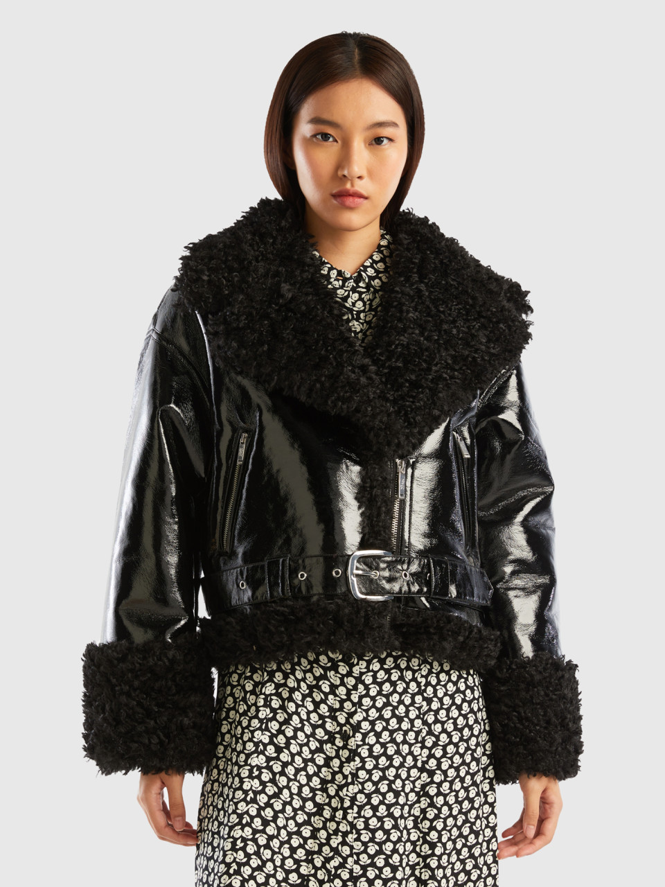 Benetton, Biker Jacket In Imitation Leather And Faux Fur, Black, Women