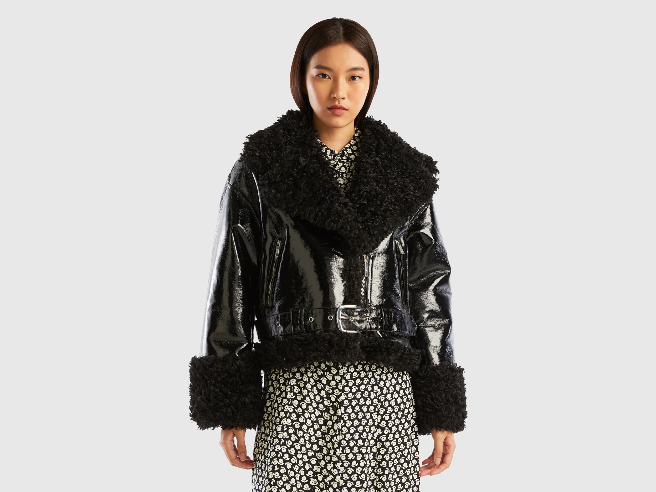 Benetton, Biker Jacket In Imitation Leather And Faux Fur, size L, Black, Women