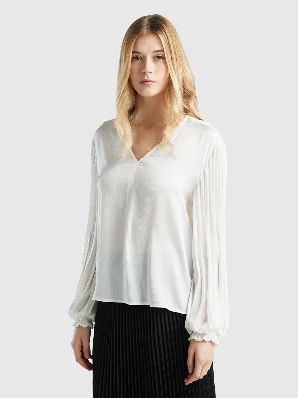 Benetton, Blouse With Long Pleated Sleeves, Creamy White, Women