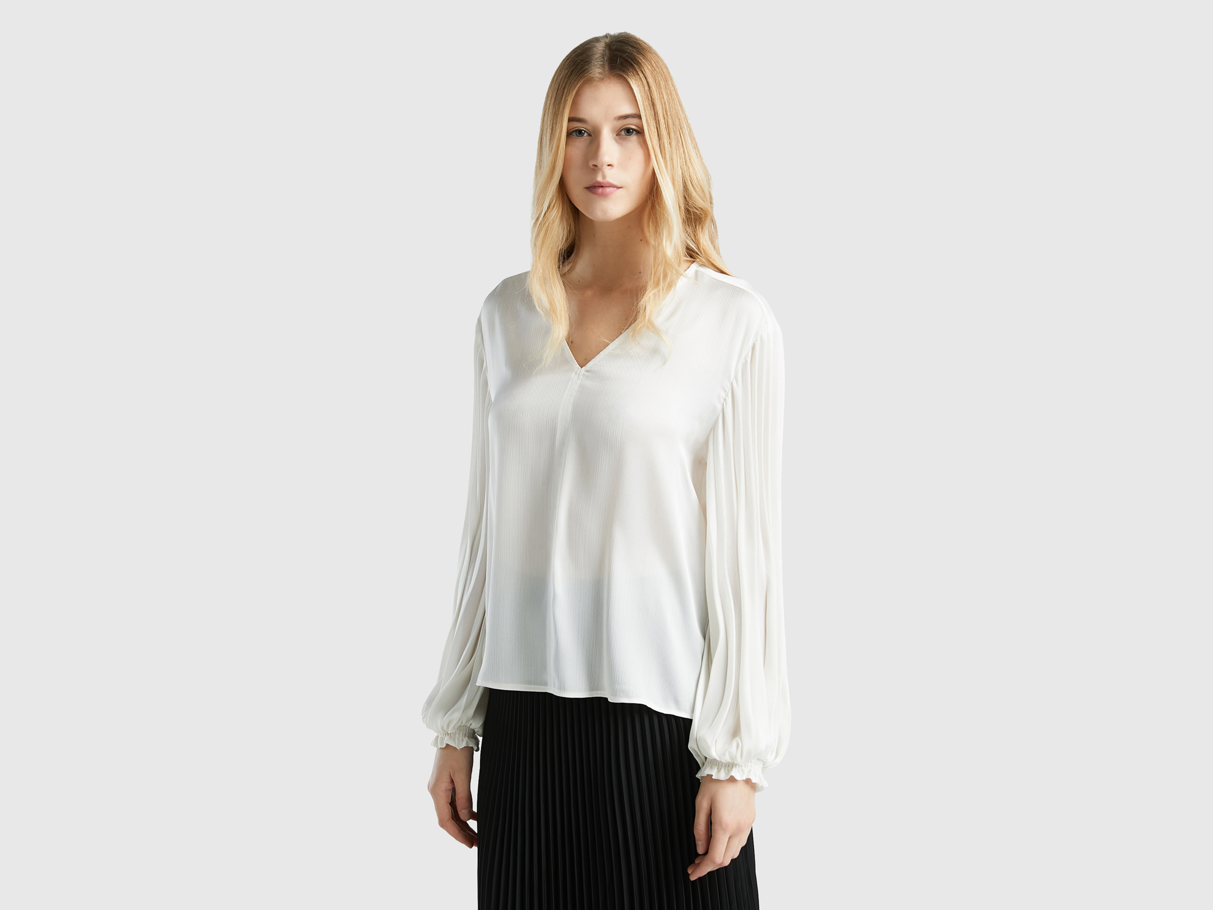 Benetton, Blouse With Long Pleated Sleeves, size L, Creamy White, Women