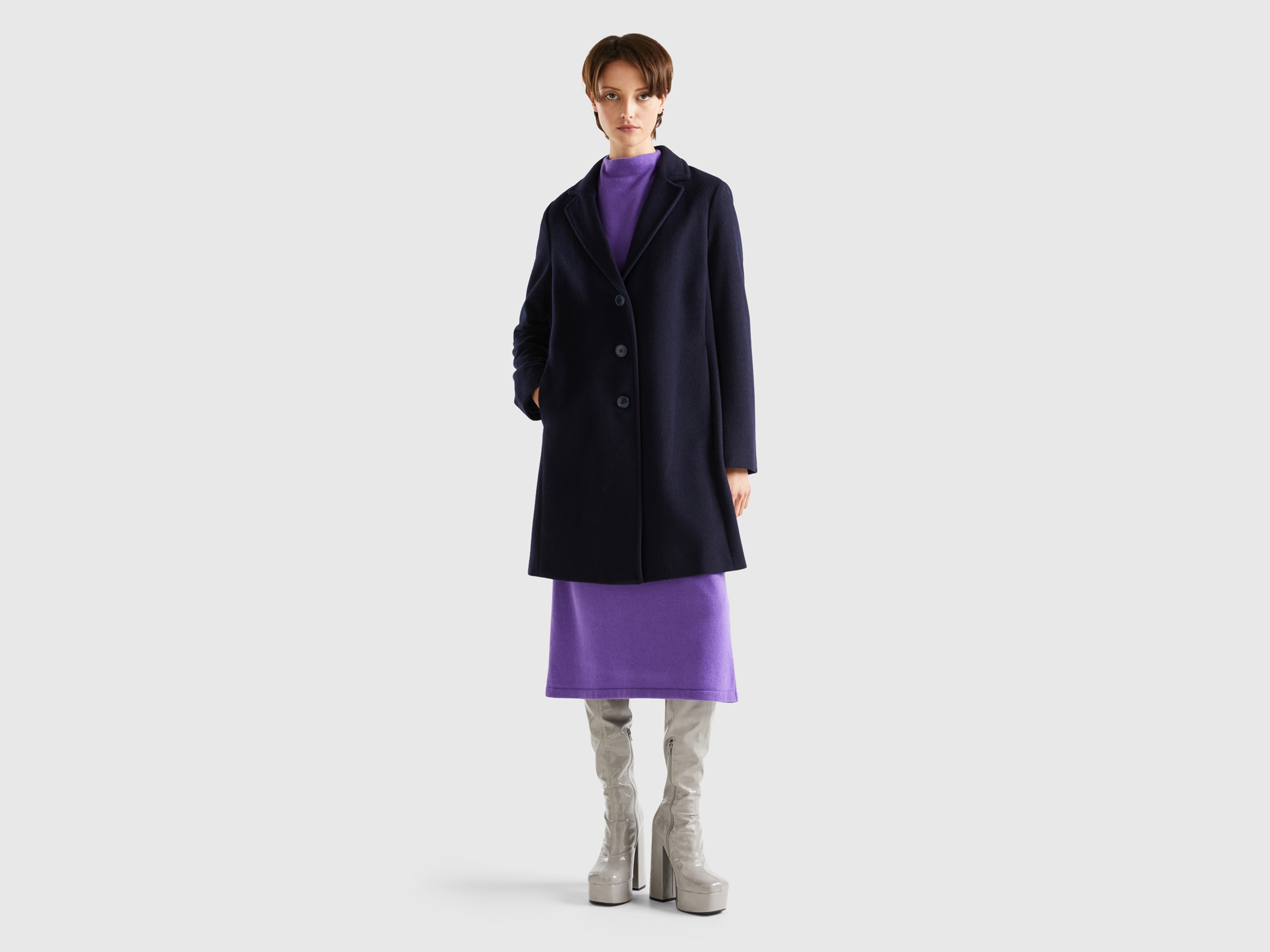 Benetton, Short Coat In Wool Blend Cloth, size 6, Dark Blue, Women
