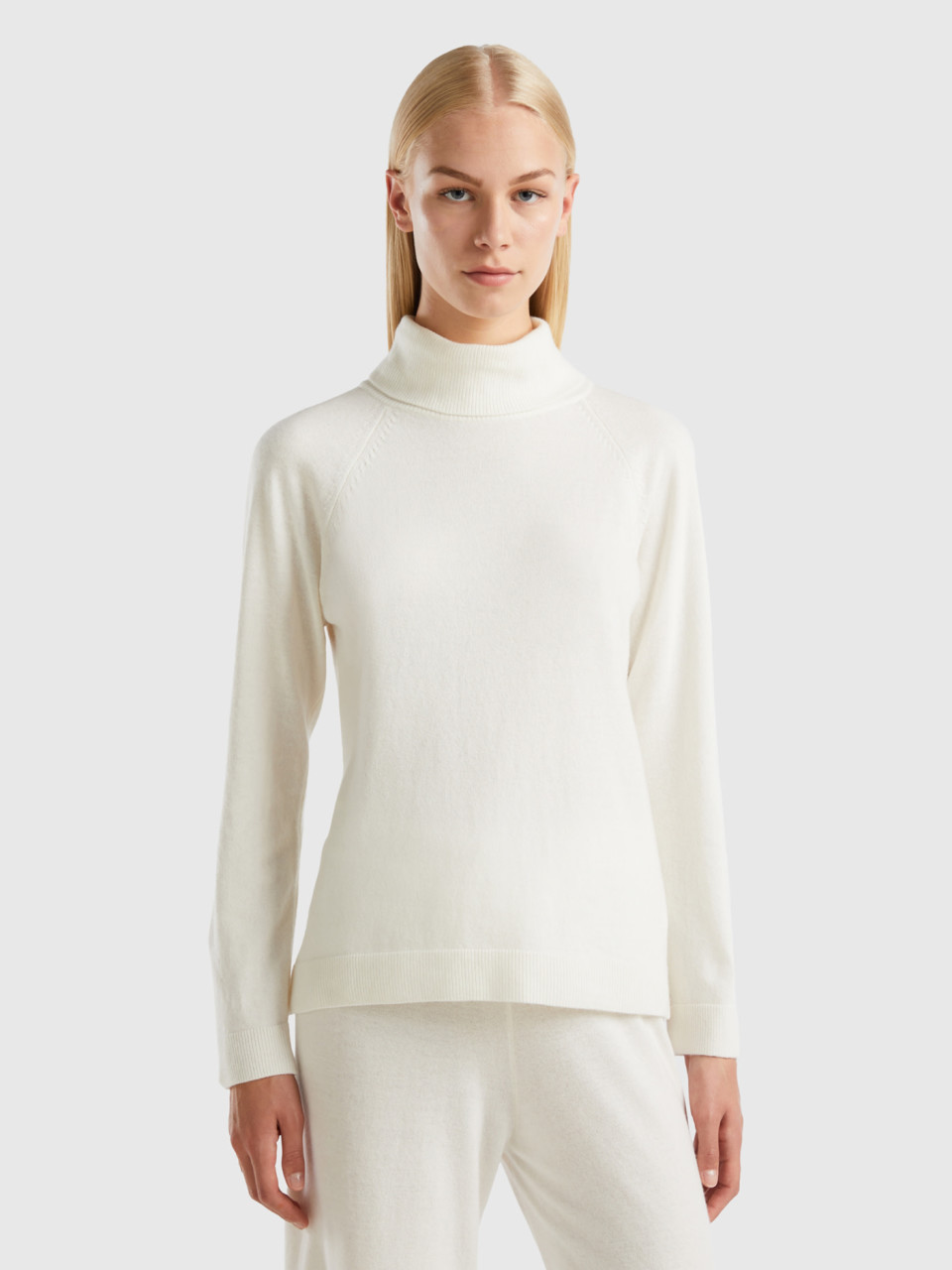 Benetton, White Turtleneck Sweater In Cashmere And Wool Blend, Creamy White, Women