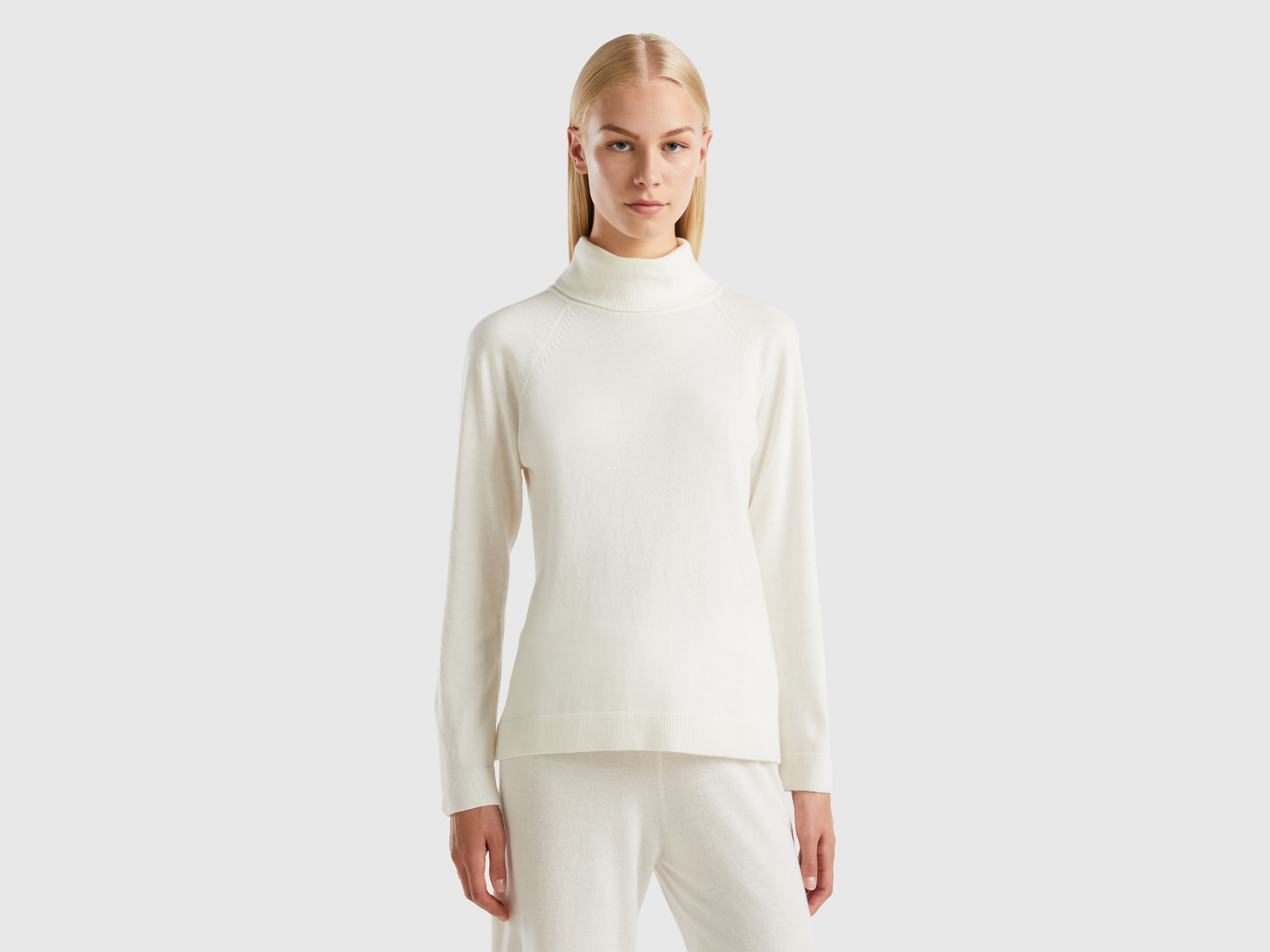 Benetton, White Turtleneck Sweater In Cashmere And Wool Blend, size XS, Creamy White, Women