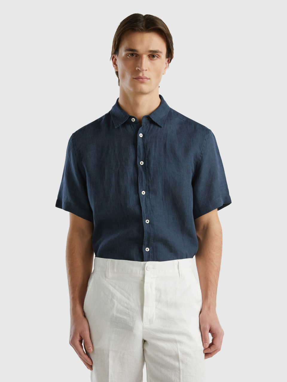 Benetton, 100% Linen Short Sleeve Shirt, Dark Blue, Men