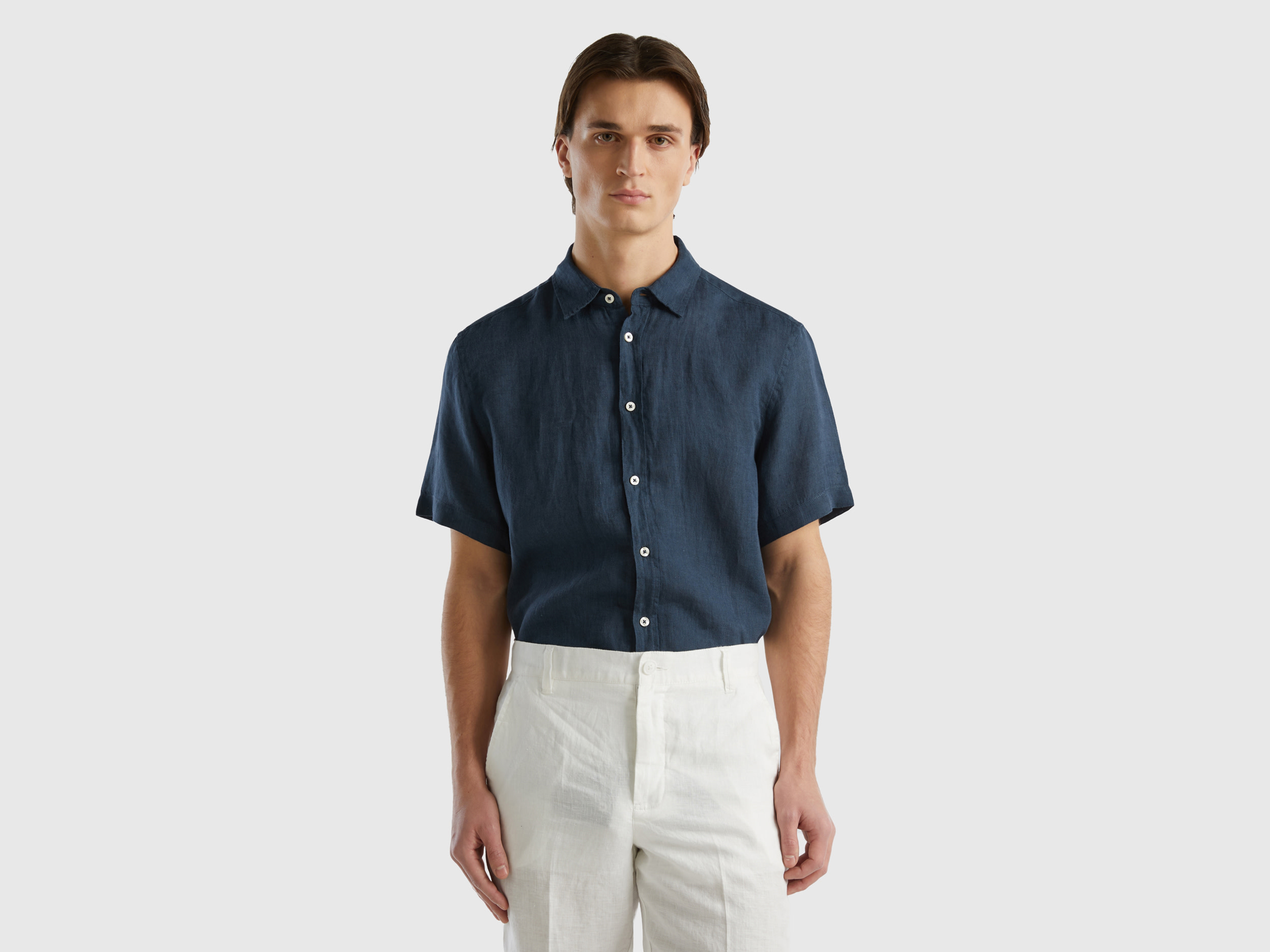 Benetton, 100% Linen Short Sleeve Shirt, size XXXL, Dark Blue, Men