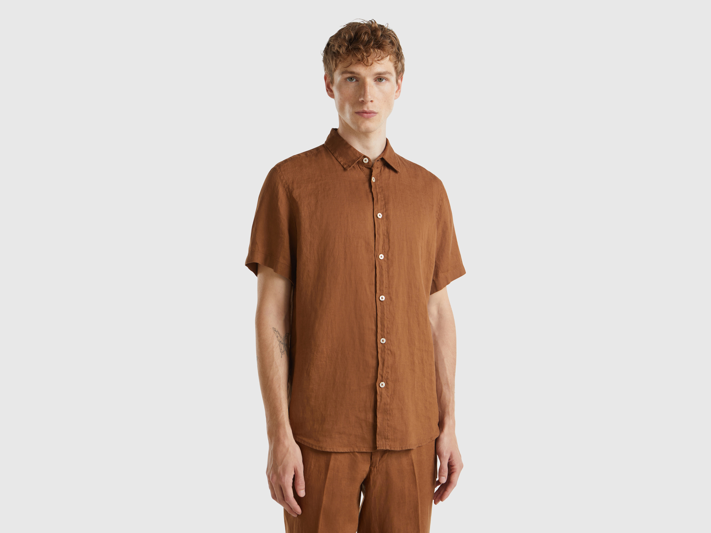 Benetton, Camicia A Manica Corta In Puro Lino, Marrone, Uomo