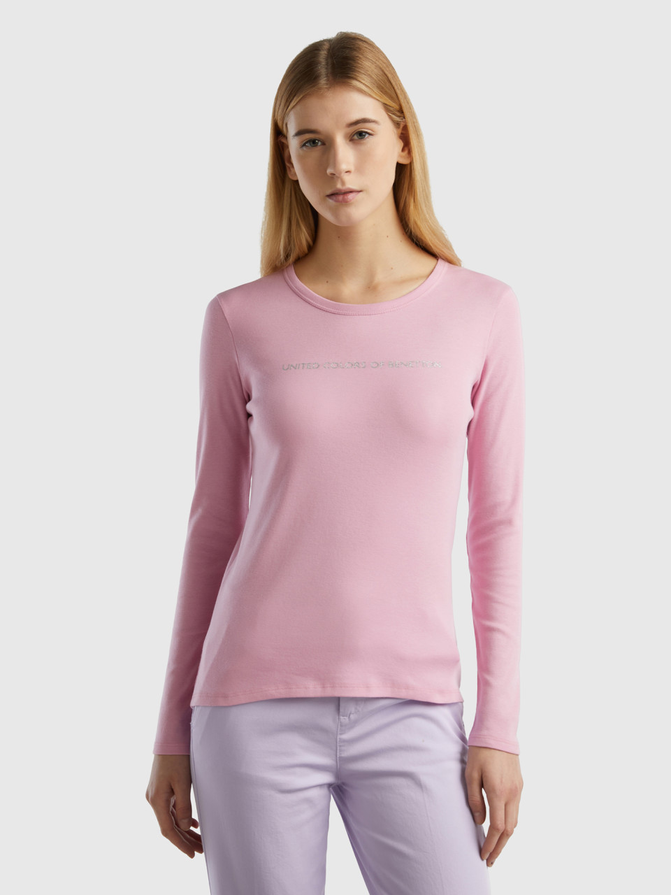 Benetton, Langärmeliges T-shirt Aus 100% Baumwolle In Pastellrosa, Pastellrosa, female