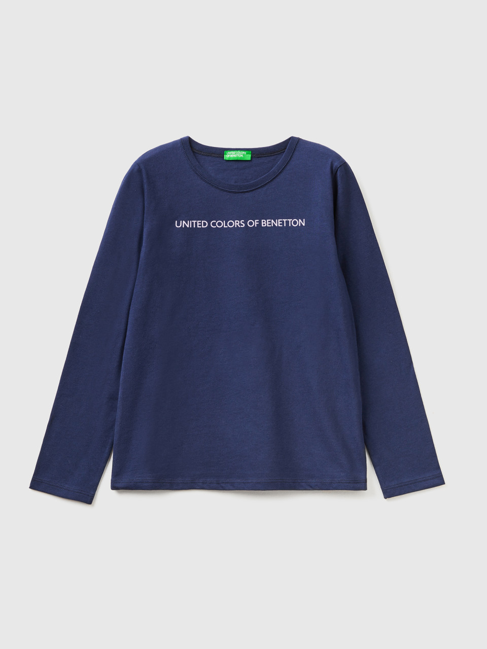 Benetton, T-shirt 100 % Coton À Manches Longues, Bleu Foncé, Enfants
