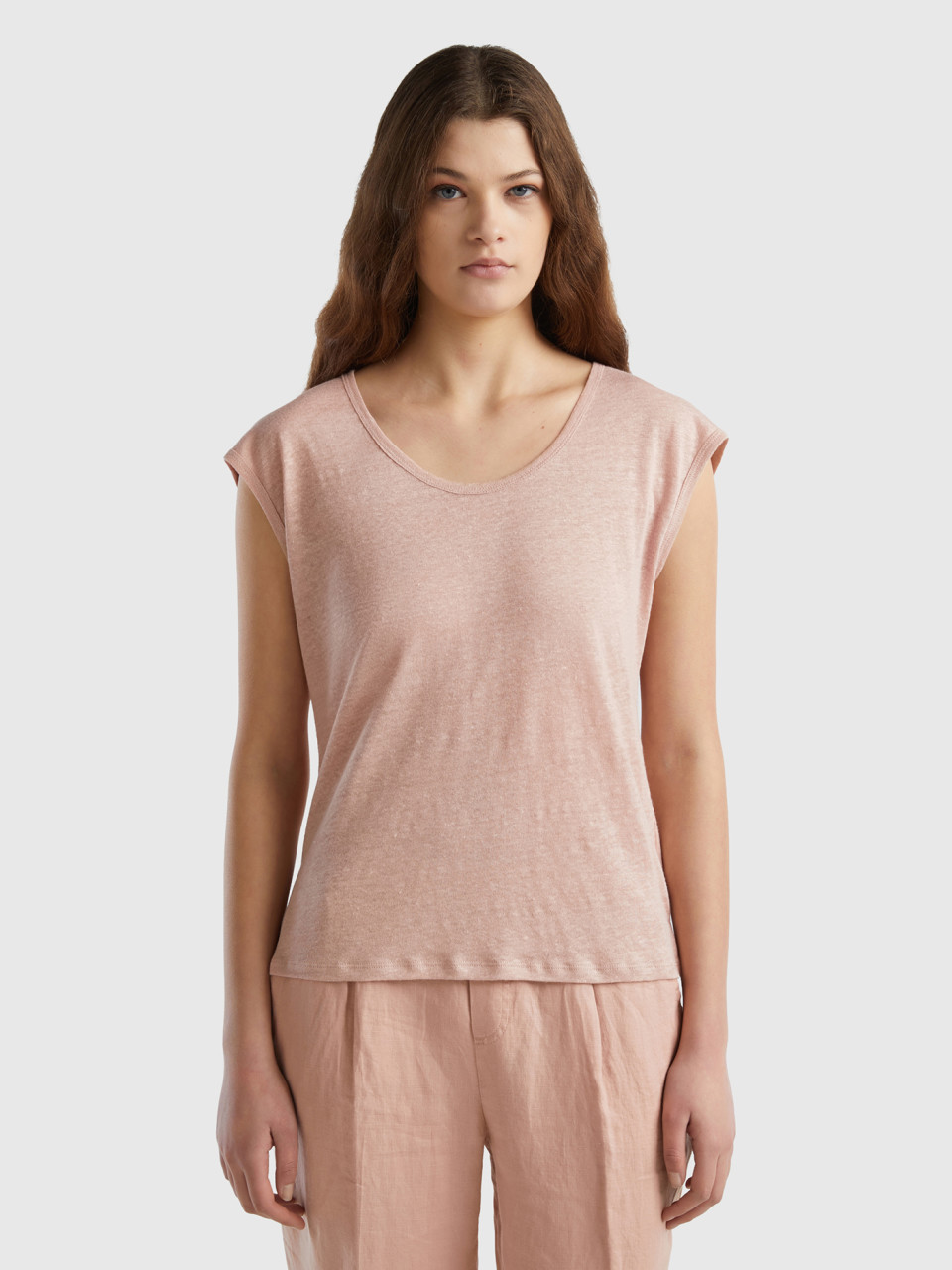 Benetton, Wide Neck T-shirt In Pure Linen, Soft Pink, Women