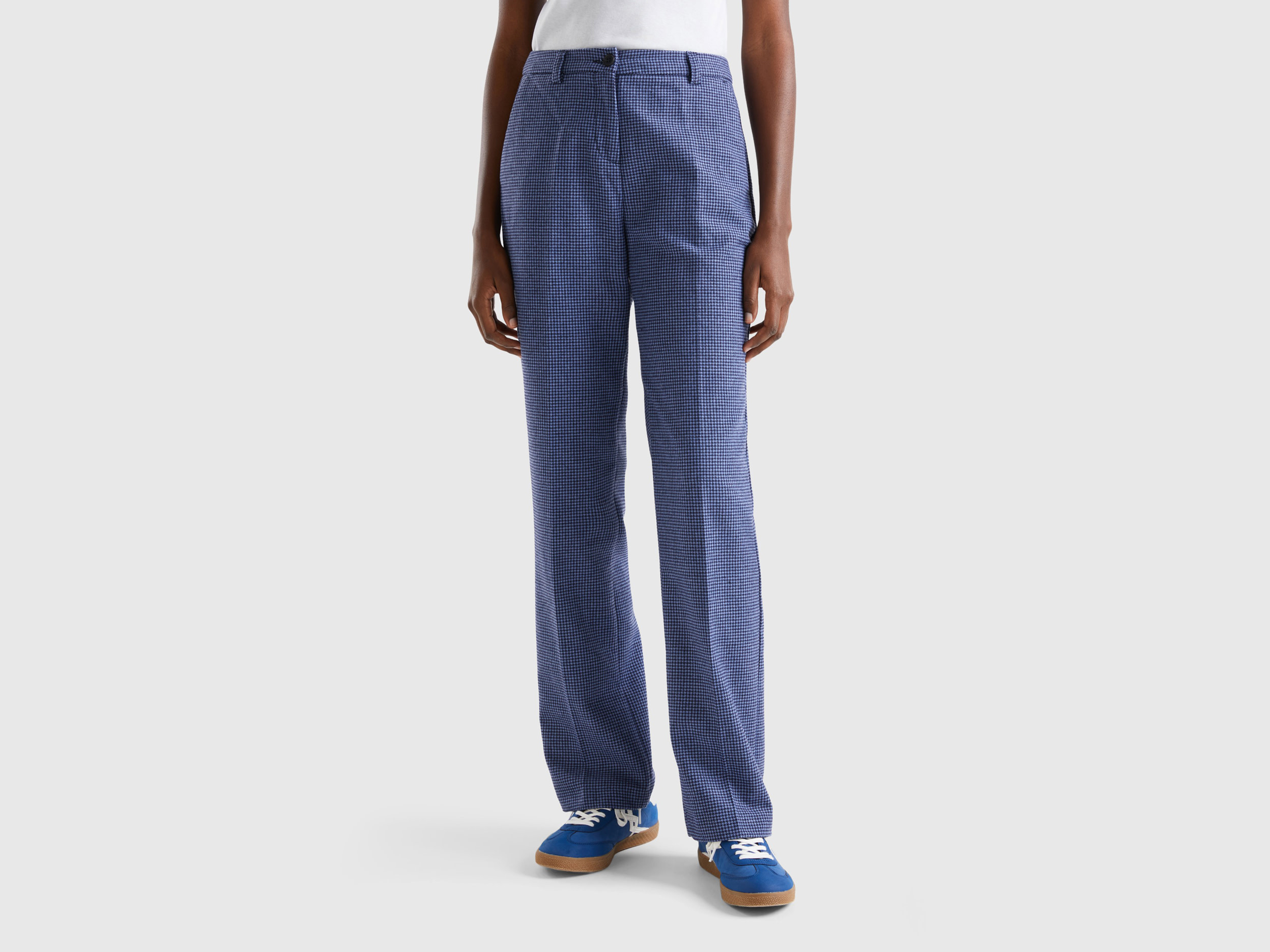 Benetton, Regular Fit Houndstooth Trousers, size 16, Blue, Women