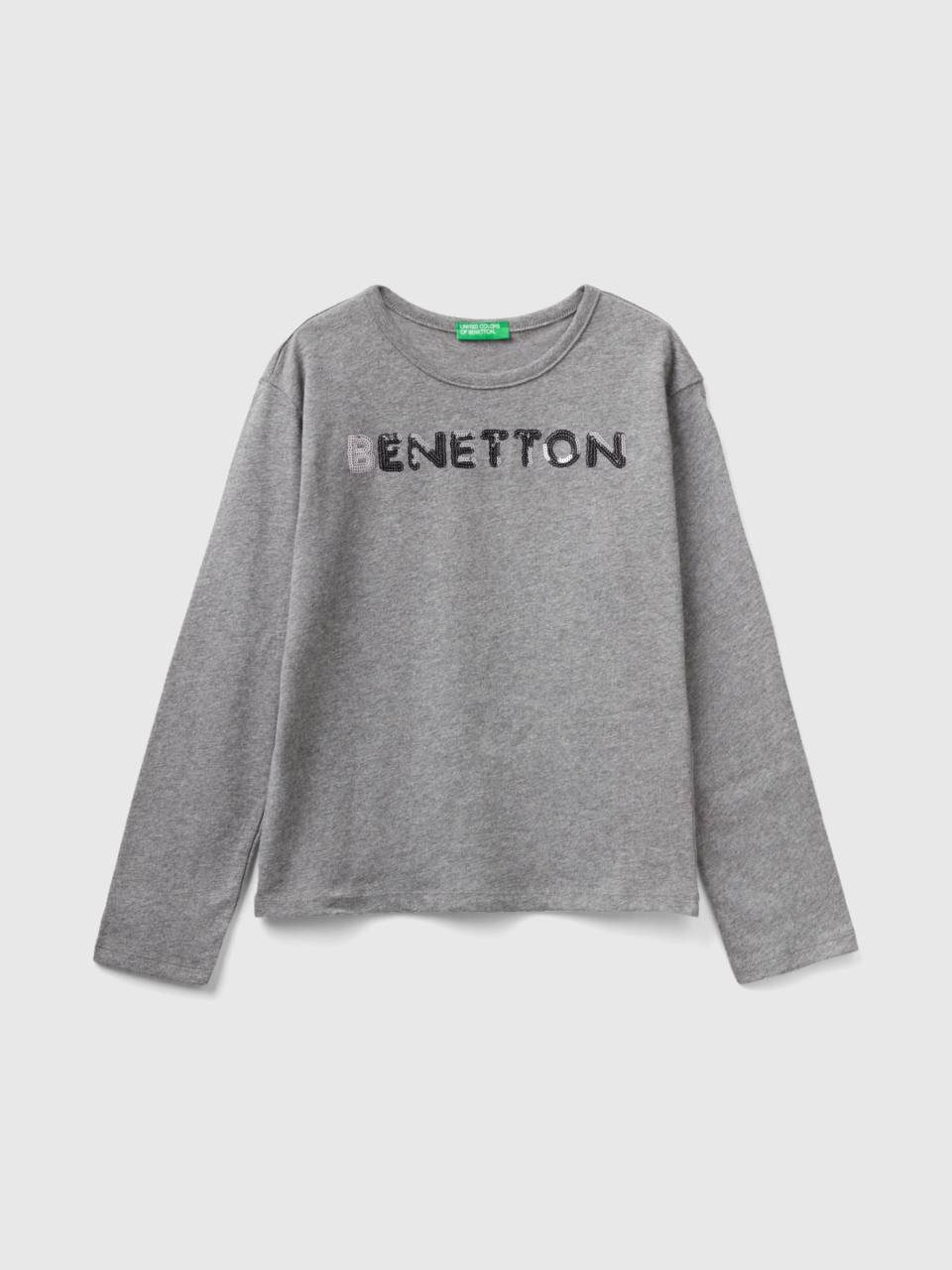 T-shirt in warm organic cotton with sequins - Dark Gray | Benetton