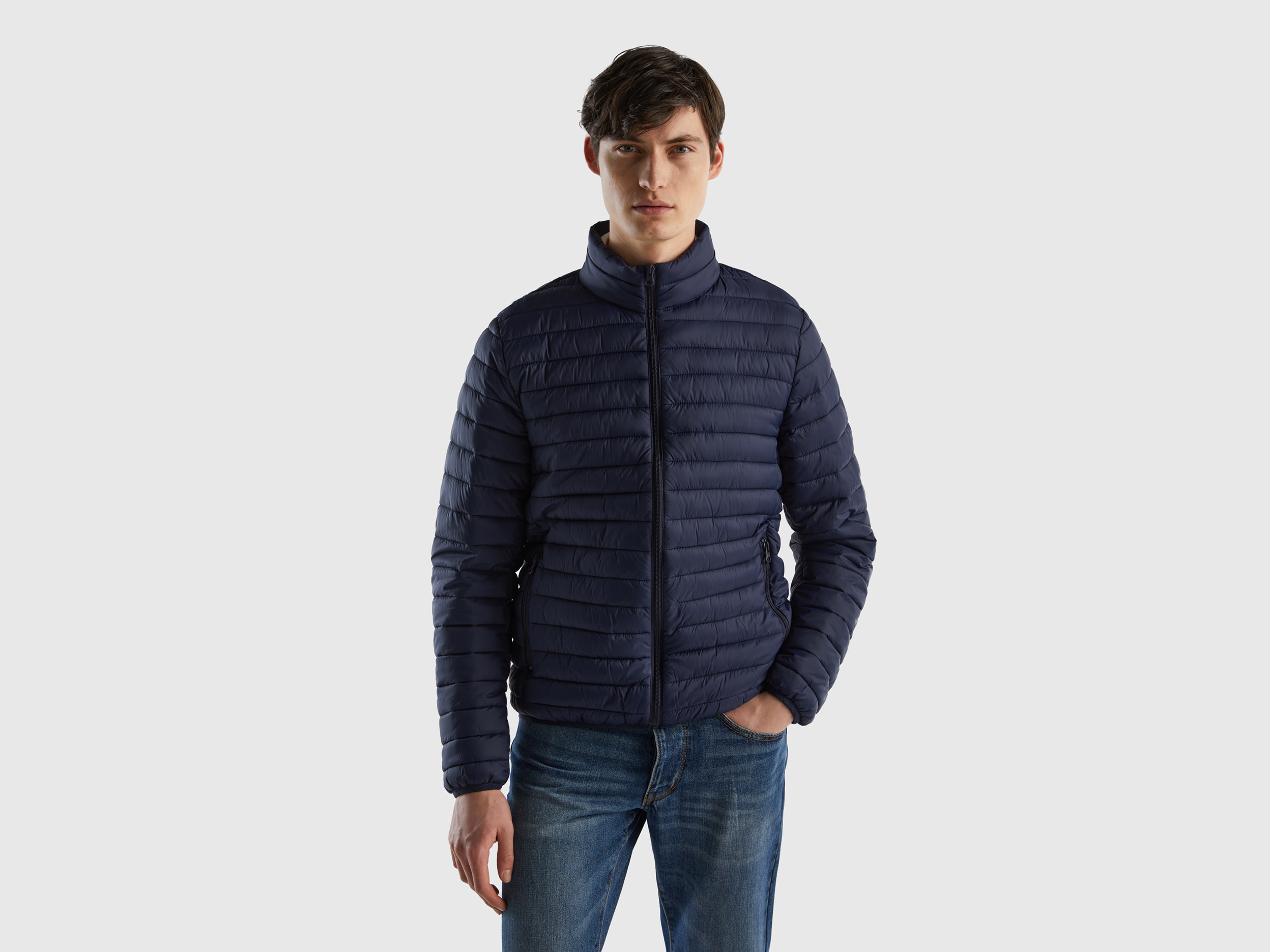 Image of Benetton, Padded Jacket With Recycled Wadding, size L, Dark Blue, Men