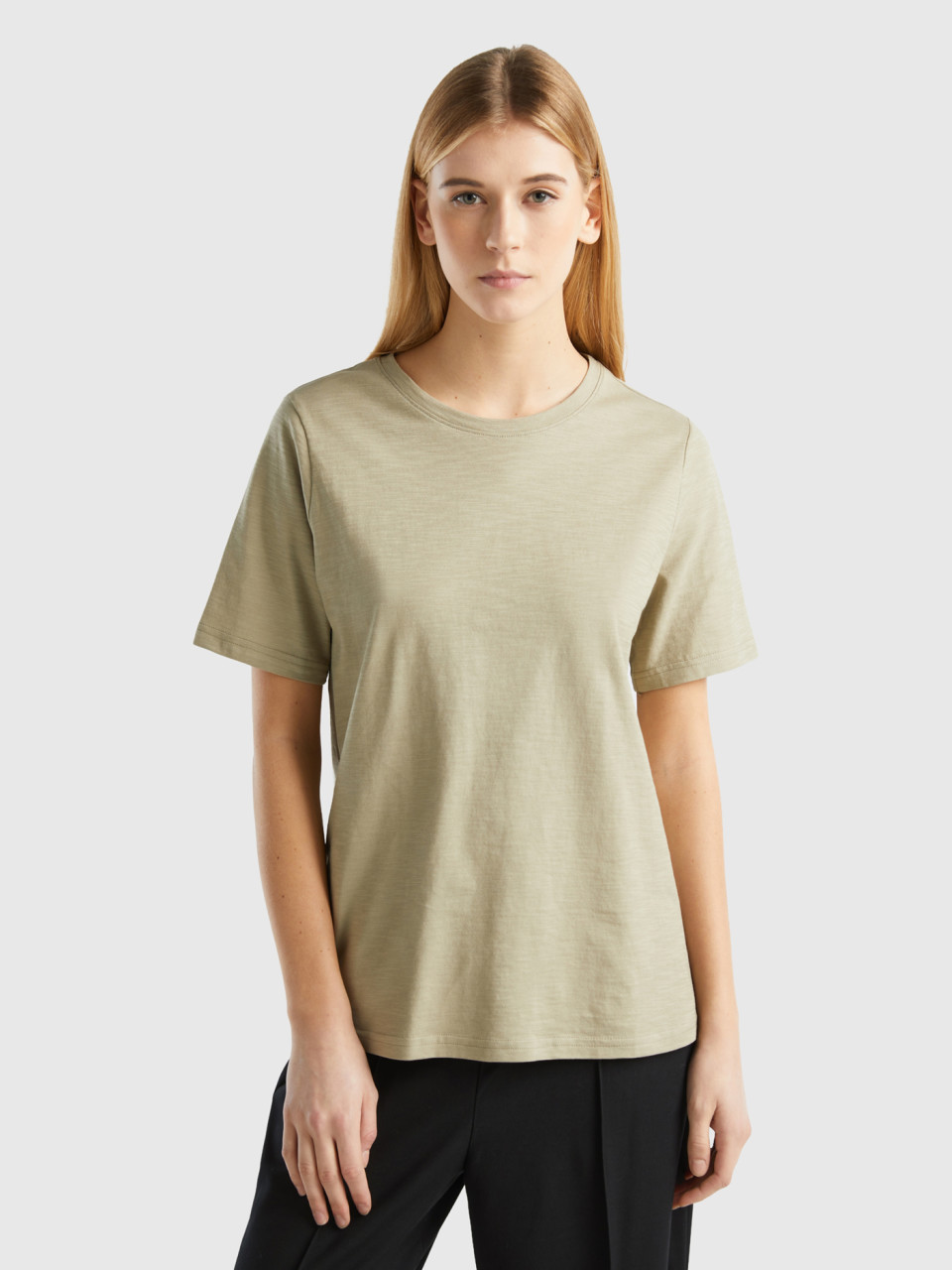 Benetton, Crew Neck T-shirt In Slub Cotton, Light Green, Women
