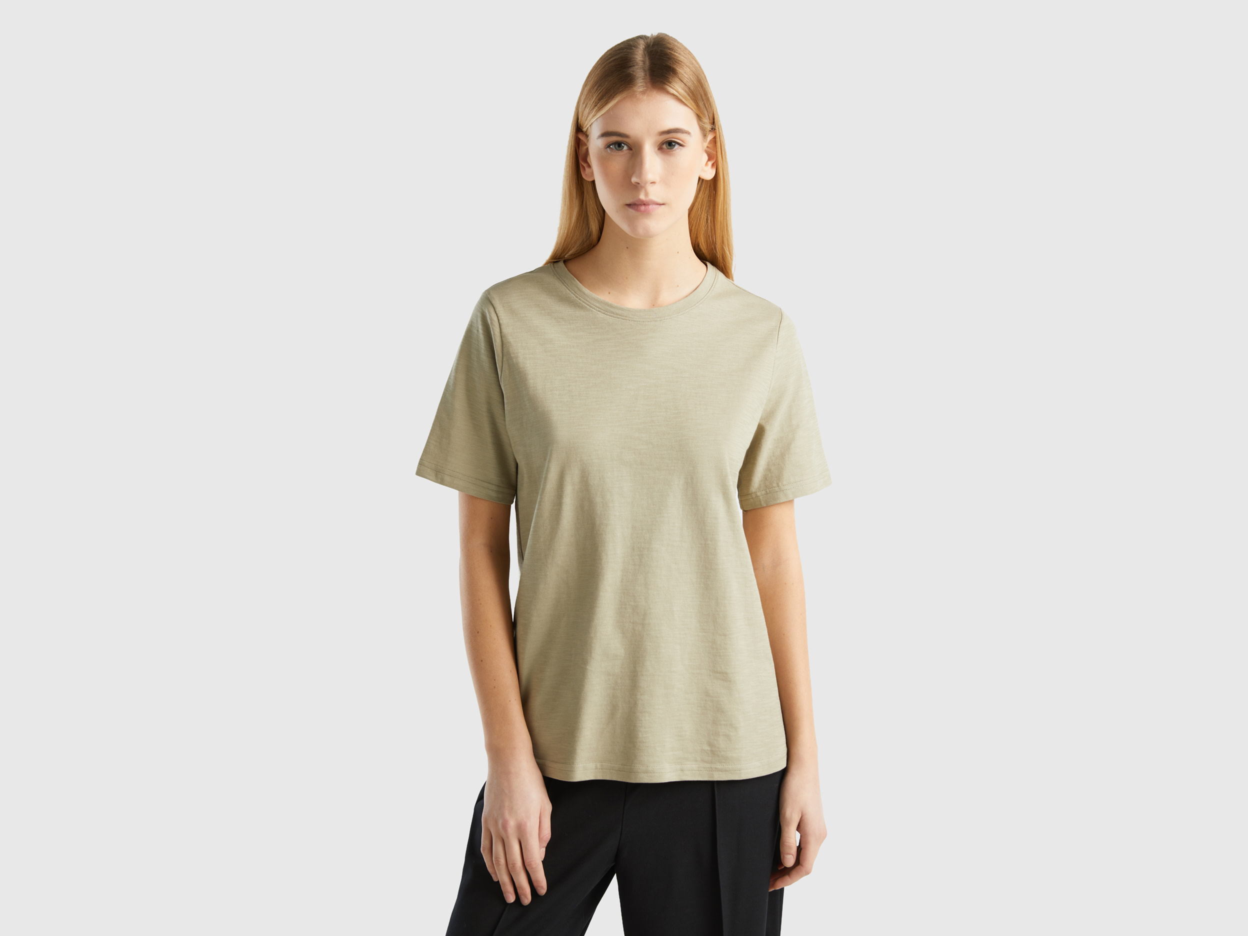 Benetton, Crew Neck T-shirt In Slub Cotton, size XL, Light Green, Women