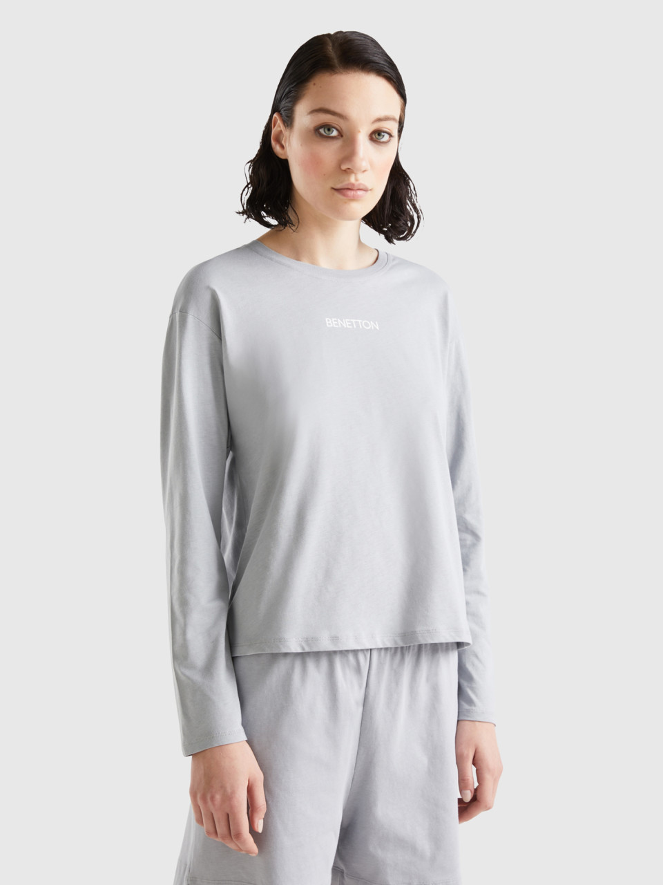 Benetton, T-shirt With Logo Print, Light Gray, Women
