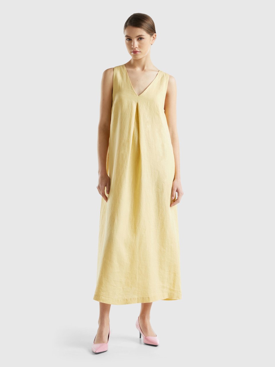 Benetton, Sleeveless Dress In Pure Linen, Yellow, Women