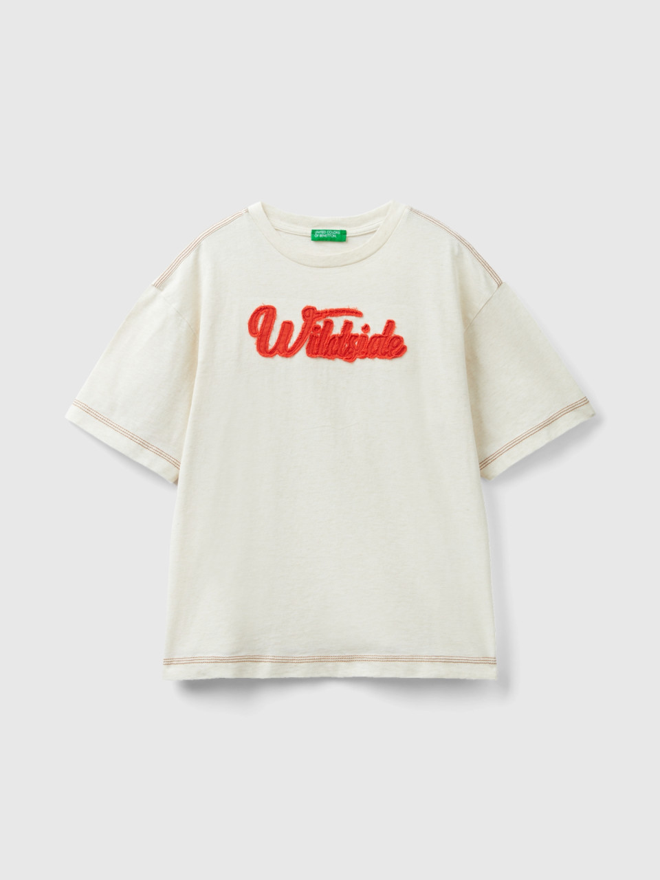 Benetton, Camiseta Con Aplicación, Blanco Crema, Niños