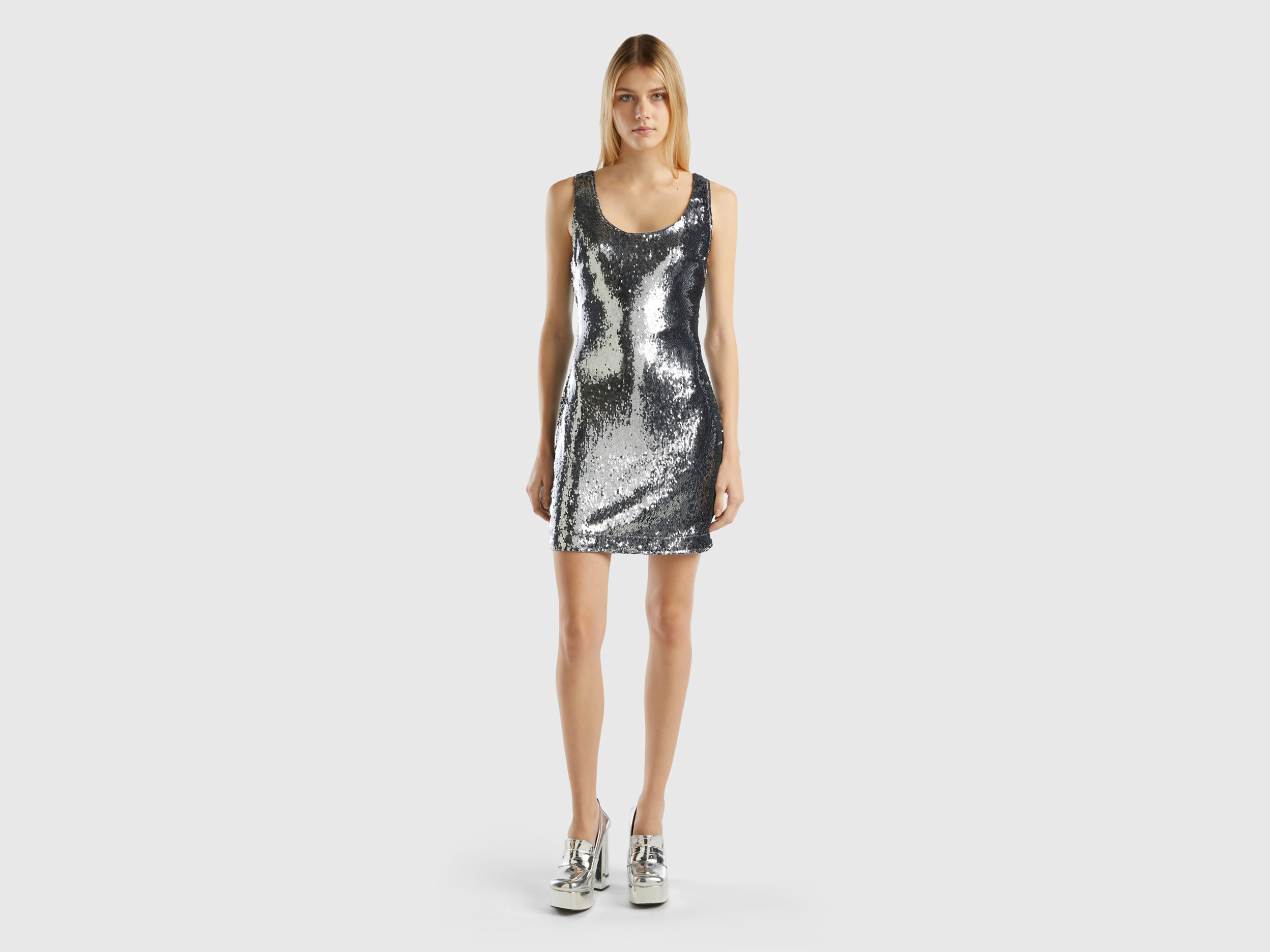 Benetton, Sheath Dress With Sequins, size M, Silver, Women