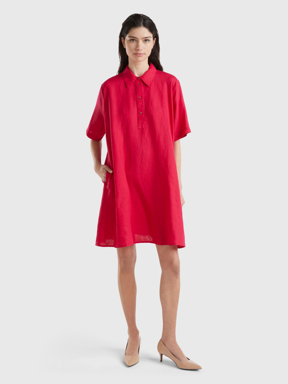 Benetton, Cropped Dress In Pure Linen, Cyclamen, Women