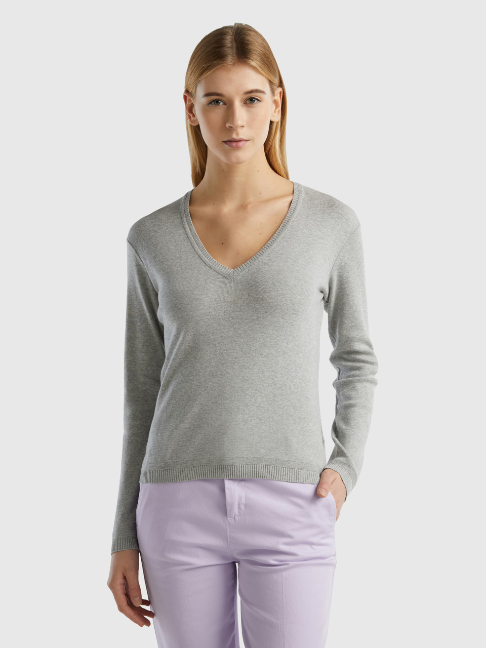 Benetton Online exclusive, V-neck Sweater In Pure Cotton, Light Gray, Women