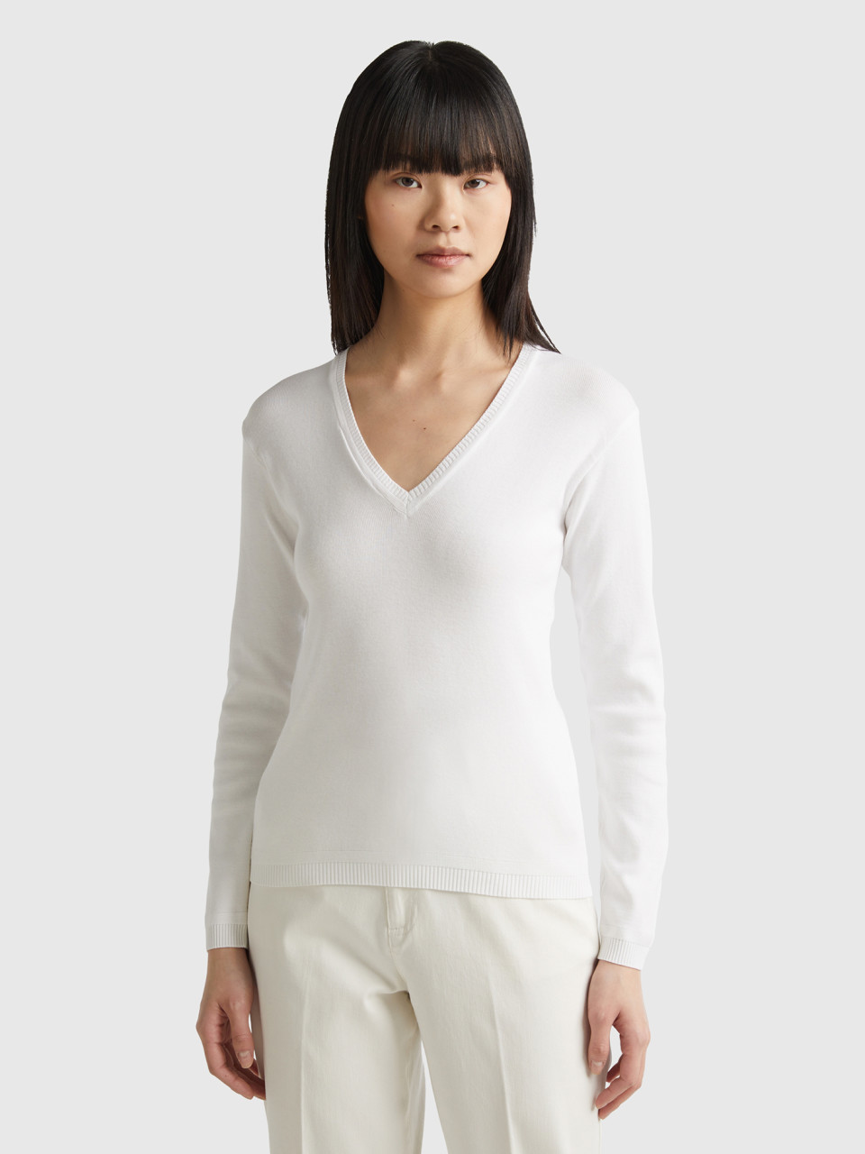 Benetton, V-neck Sweater In Pure Cotton, White, Women