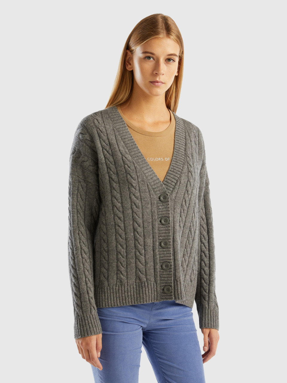 Benetton, Oversized Fit Cardigan With Cables, Dark Gray, Women