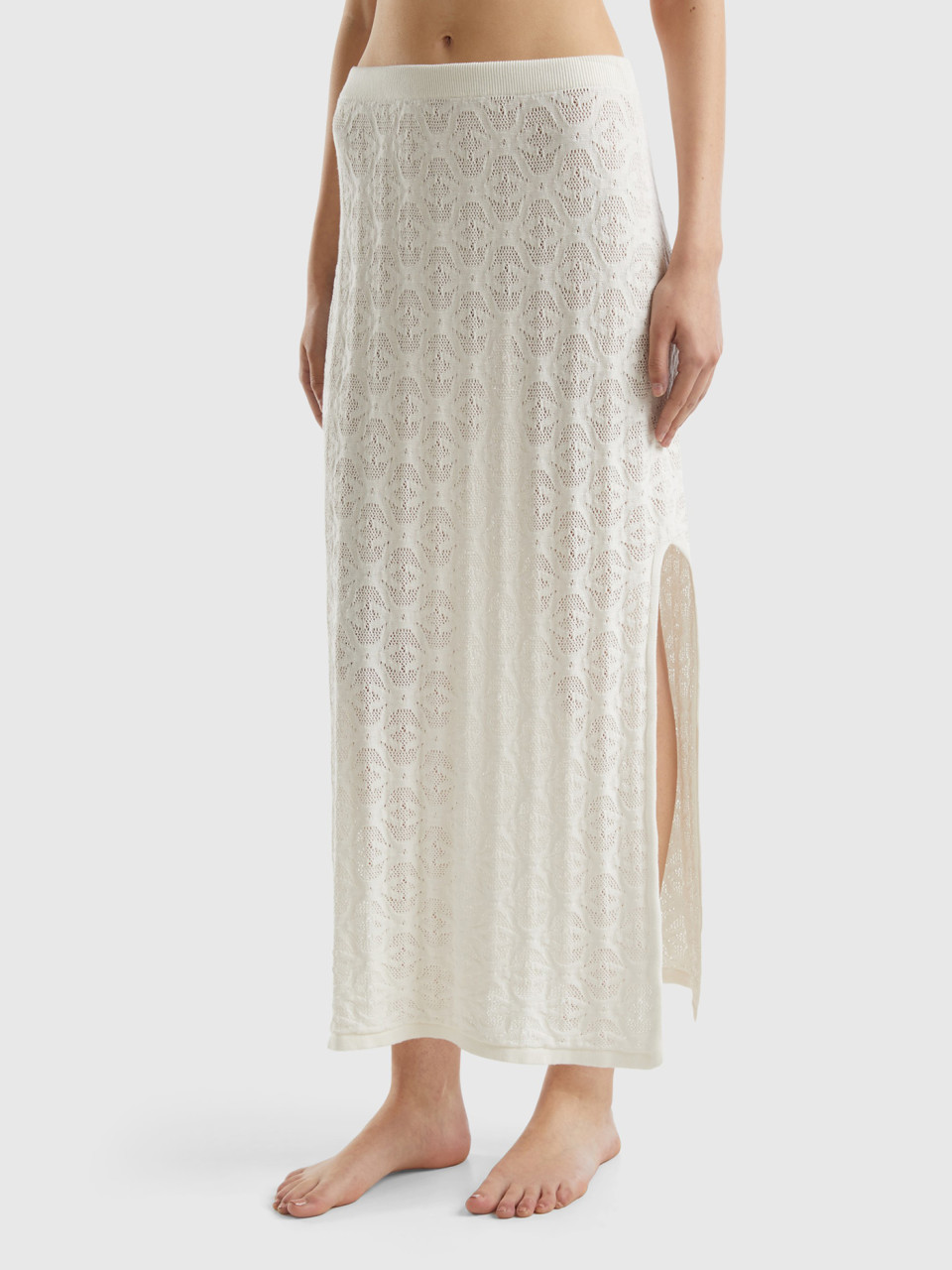 Benetton, Monogram Knit Midi Skirt, Creamy White, Women
