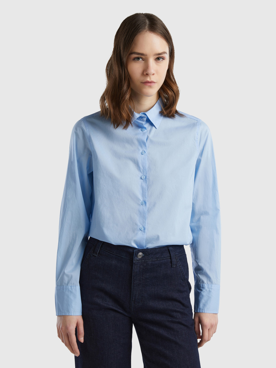 Benetton, Regular Fit Shirt In Light Cotton, Sky Blue, Women