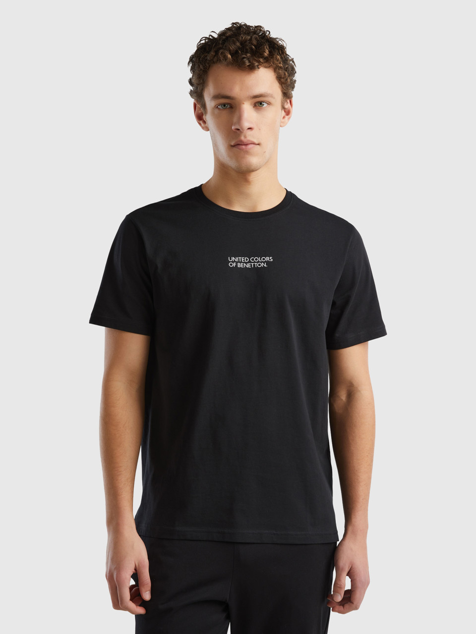 Benetton, Camiseta Con Estampado De Logotipo, Negro, Hombre