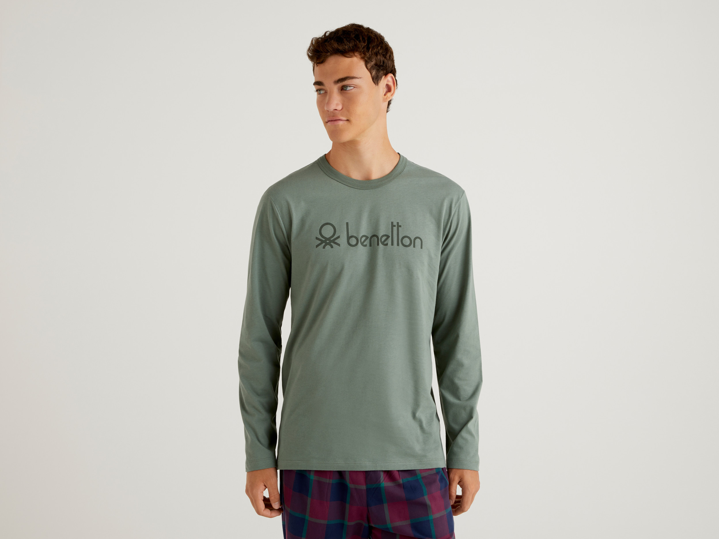 Benetton, T shirt Con Stampa In Cotone A Fibra Lunga, Verde Militare, Uomo