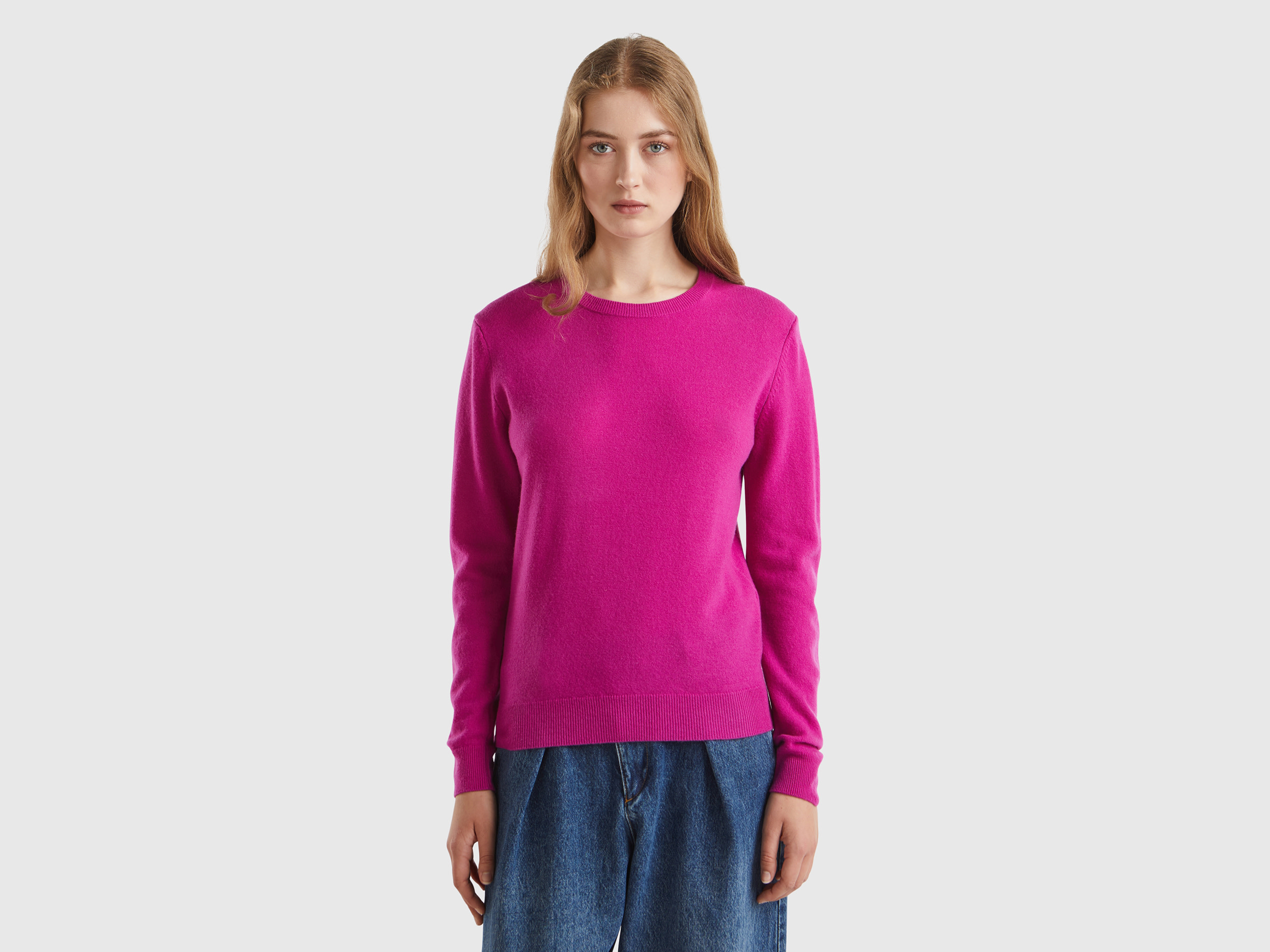 Benetton, Maglia Girocollo Fucsia Ciclamino In Pura Lana Merino, Ciclamino, Donna